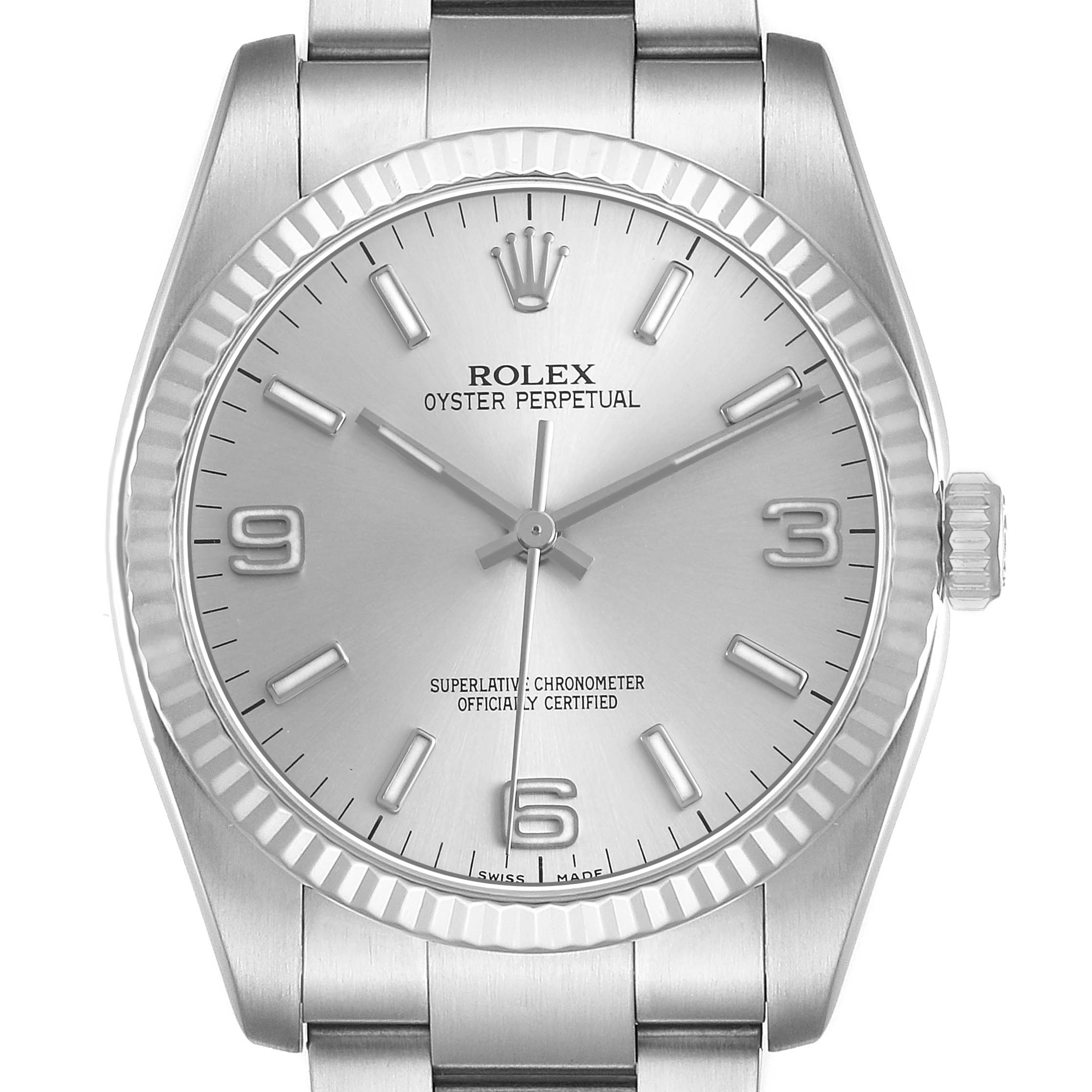 The Rolex Oyster Perpetual 116034 Men's Stainless Steel Silver Dial watch is shown from the front, displaying the dial, fluted bezel, and part of the bracelet.