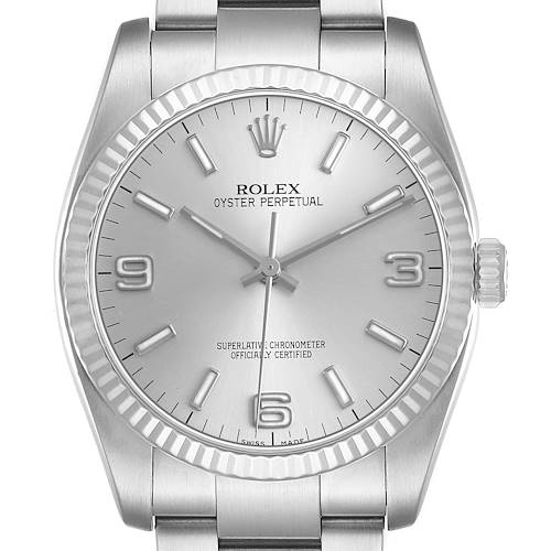 Photo of Rolex Oyster Perpetual Steel White Gold Silver Dial Mens Watch 116034