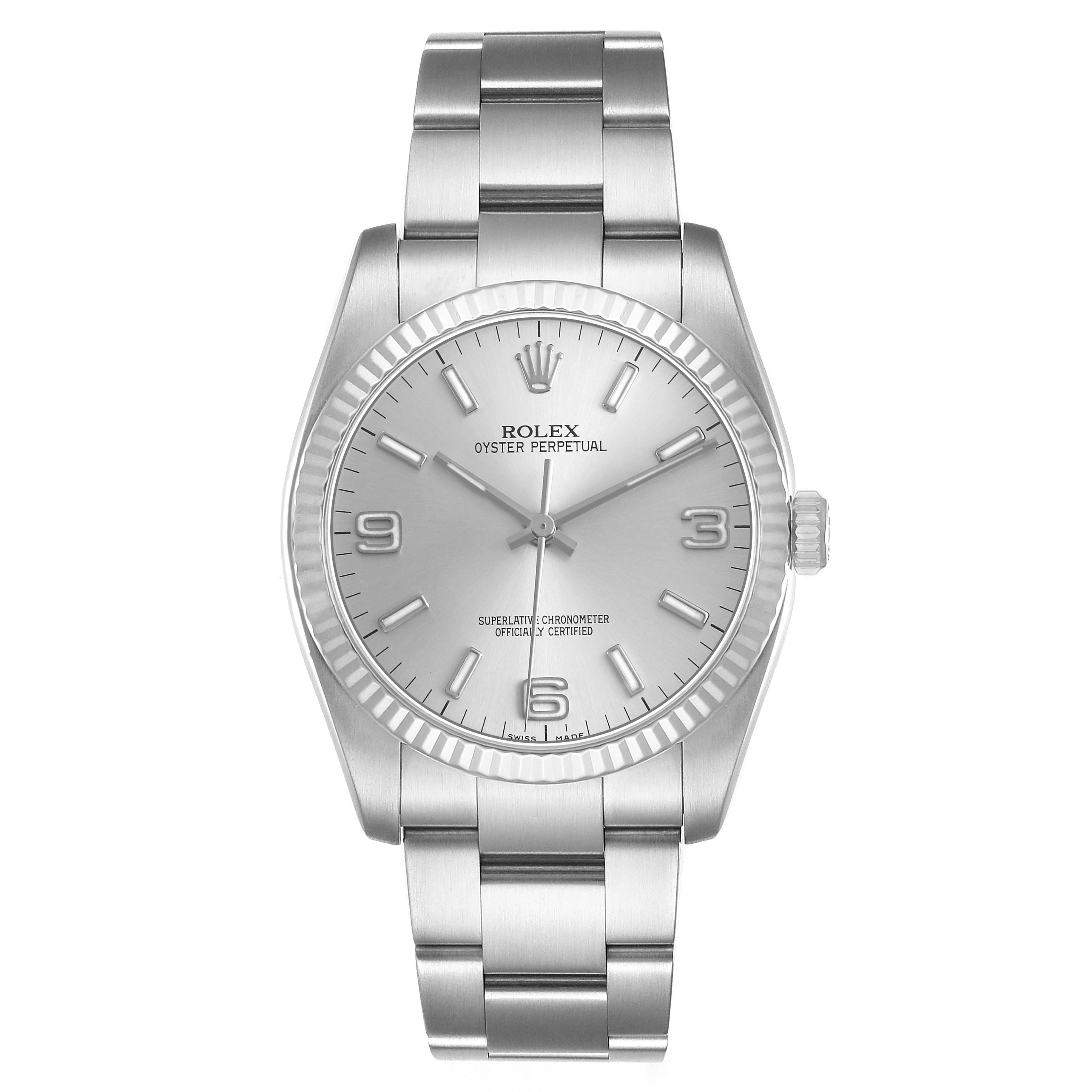 The Rolex Oyster Perpetual 116034 Men's Stainless Steel Silver Dial watch is shown from a front angle, displaying its face, bezel, and bracelet.