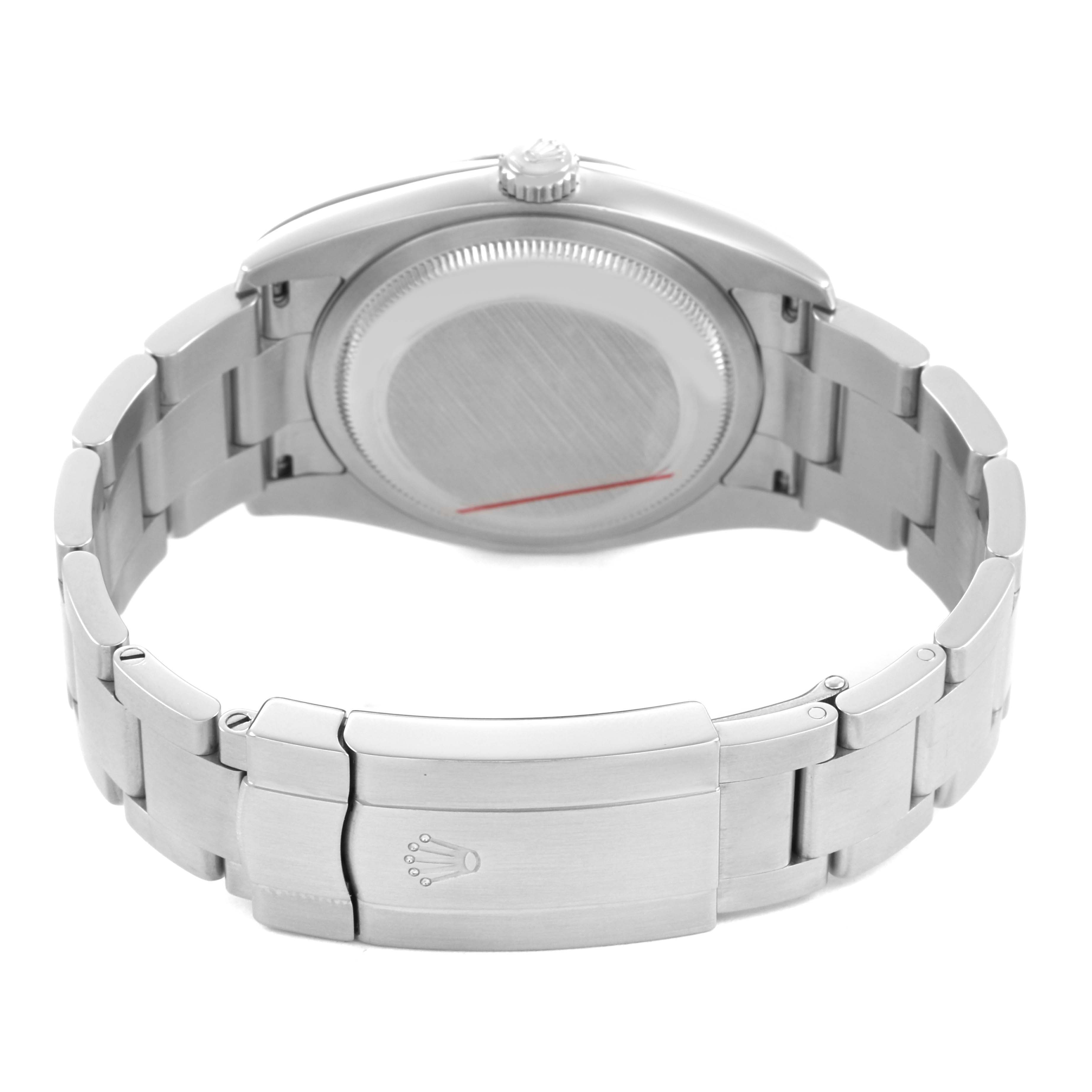 The image shows the back view of a Rolex Oyster Perpetual 116034 Men's Stainless Steel Silver Dial watch, displaying the clasp, bracelet, and case back.