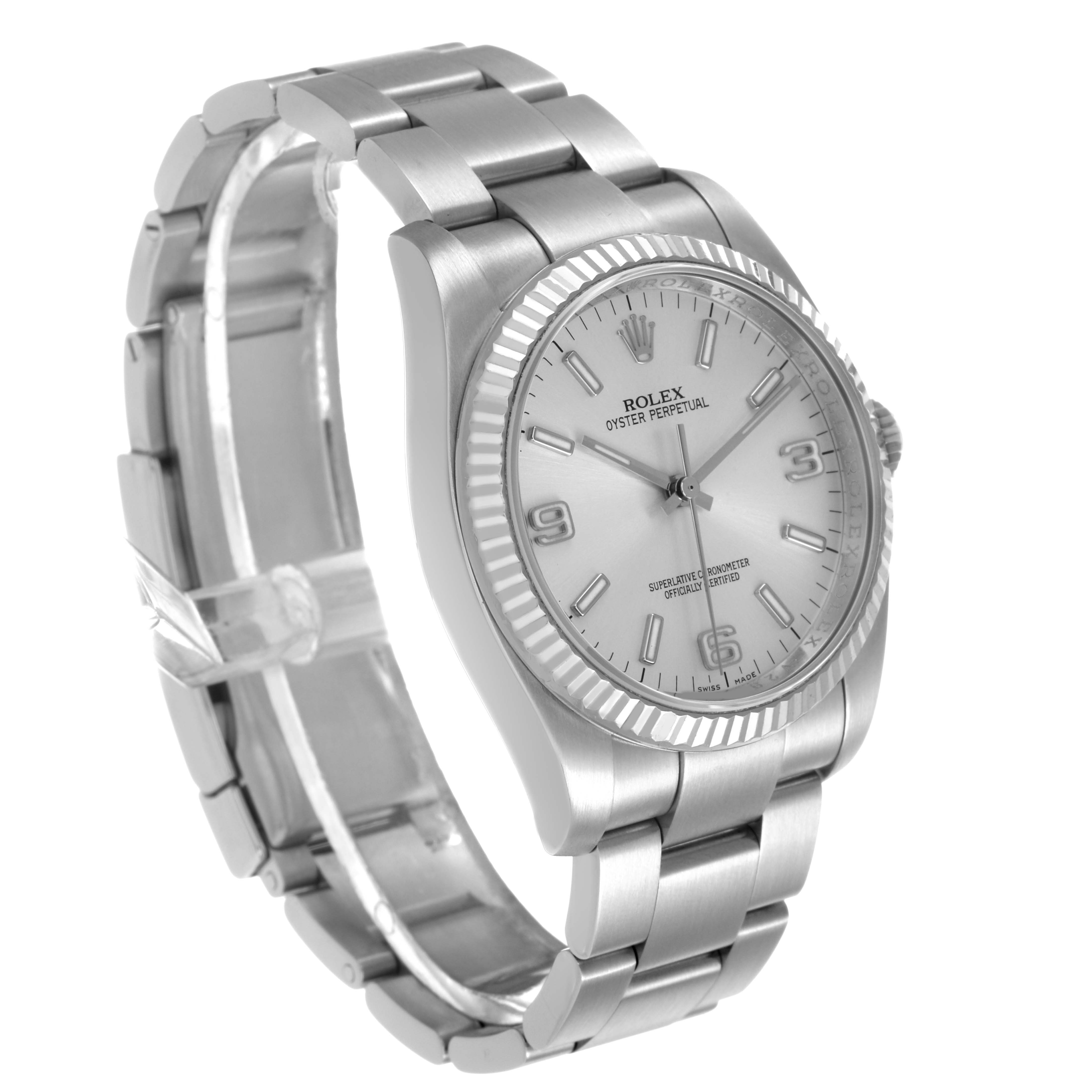 The Rolex Oyster Perpetual 116034 Men's Stainless Steel Silver Dial watch is shown at a slight angle, highlighting its bracelet, bezel, and face details.