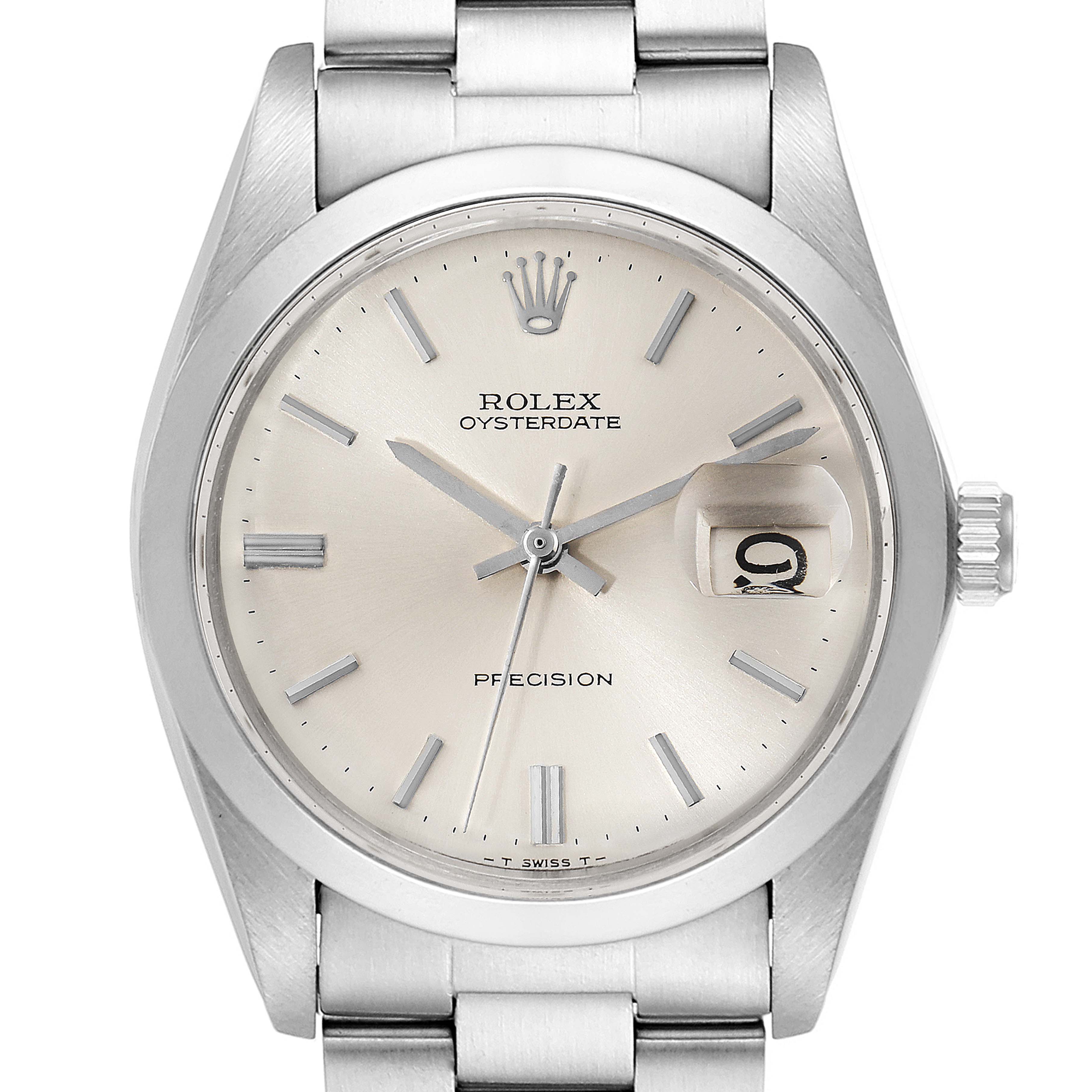 The image shows a front view of the Rolex Vintage Collection 6694 Men's Stainless Steel Silver Dial 6694 Men's Stainless Steel Silver Dial Oysterdate Precision watch, highlighting the dial, hands, crown, and bracelet.