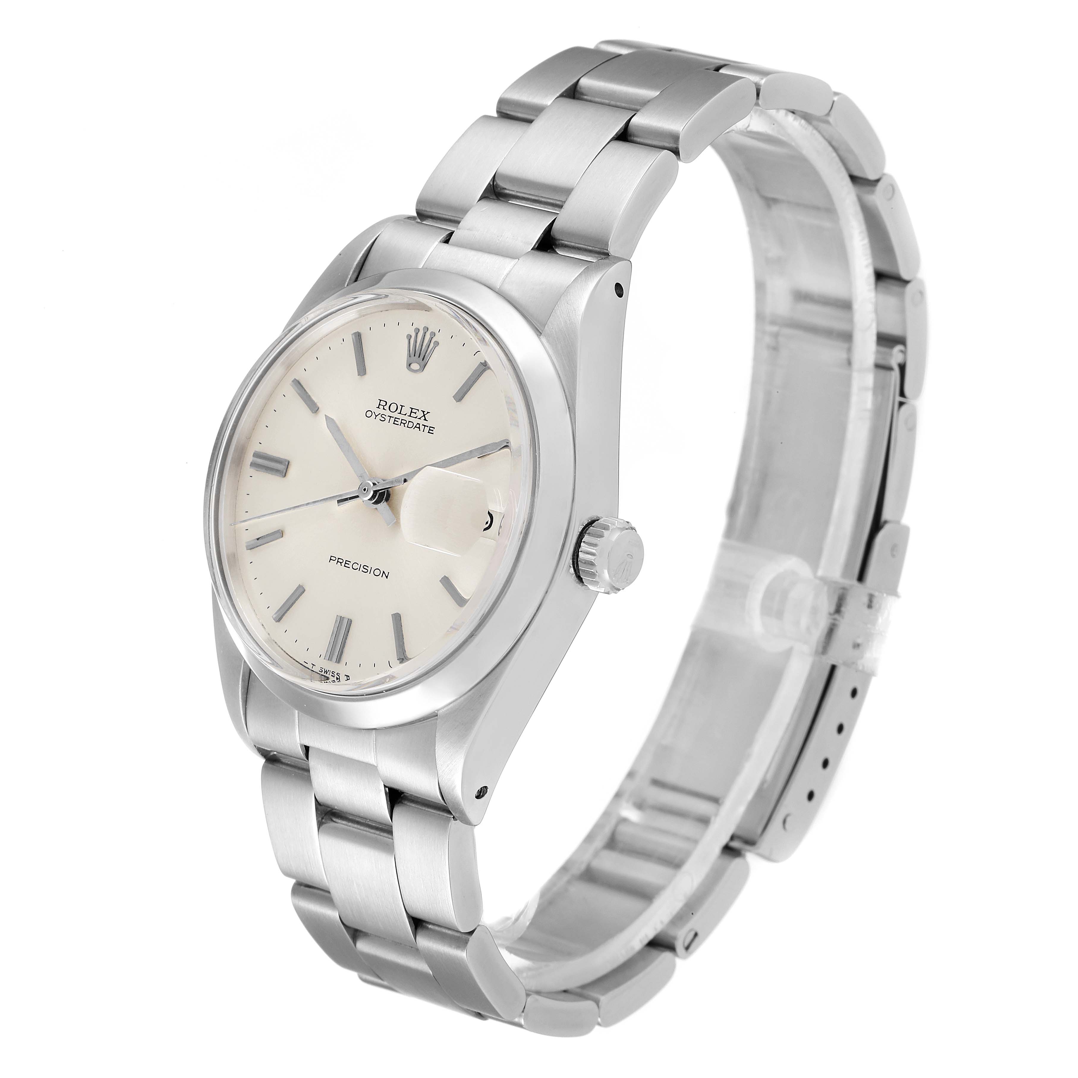 The image shows a Vintage Collection model Rolex Oysterdate watch from a front-left angle, highlighting its dial, crown, and bracelet.