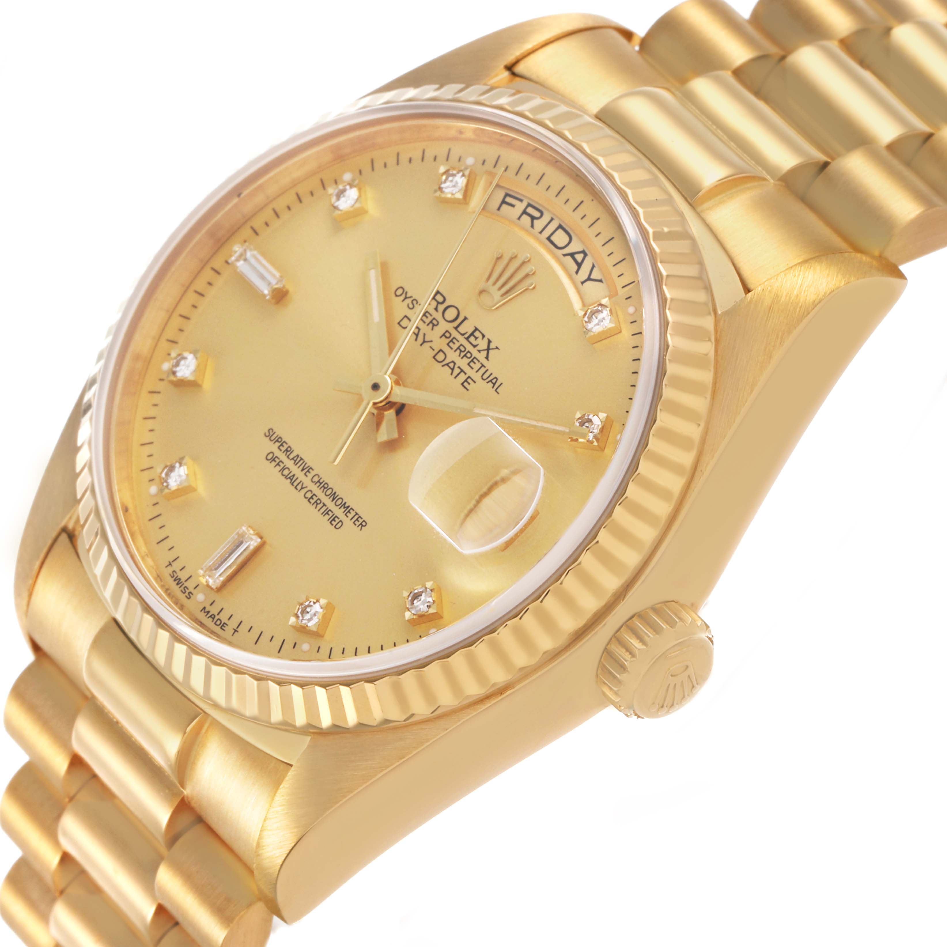 The Rolex President 18038 Men's Yellow Gold Champagne Dial watch is shown at an angled side view, highlighting the dial, fluted bezel, and part of the bracelet.