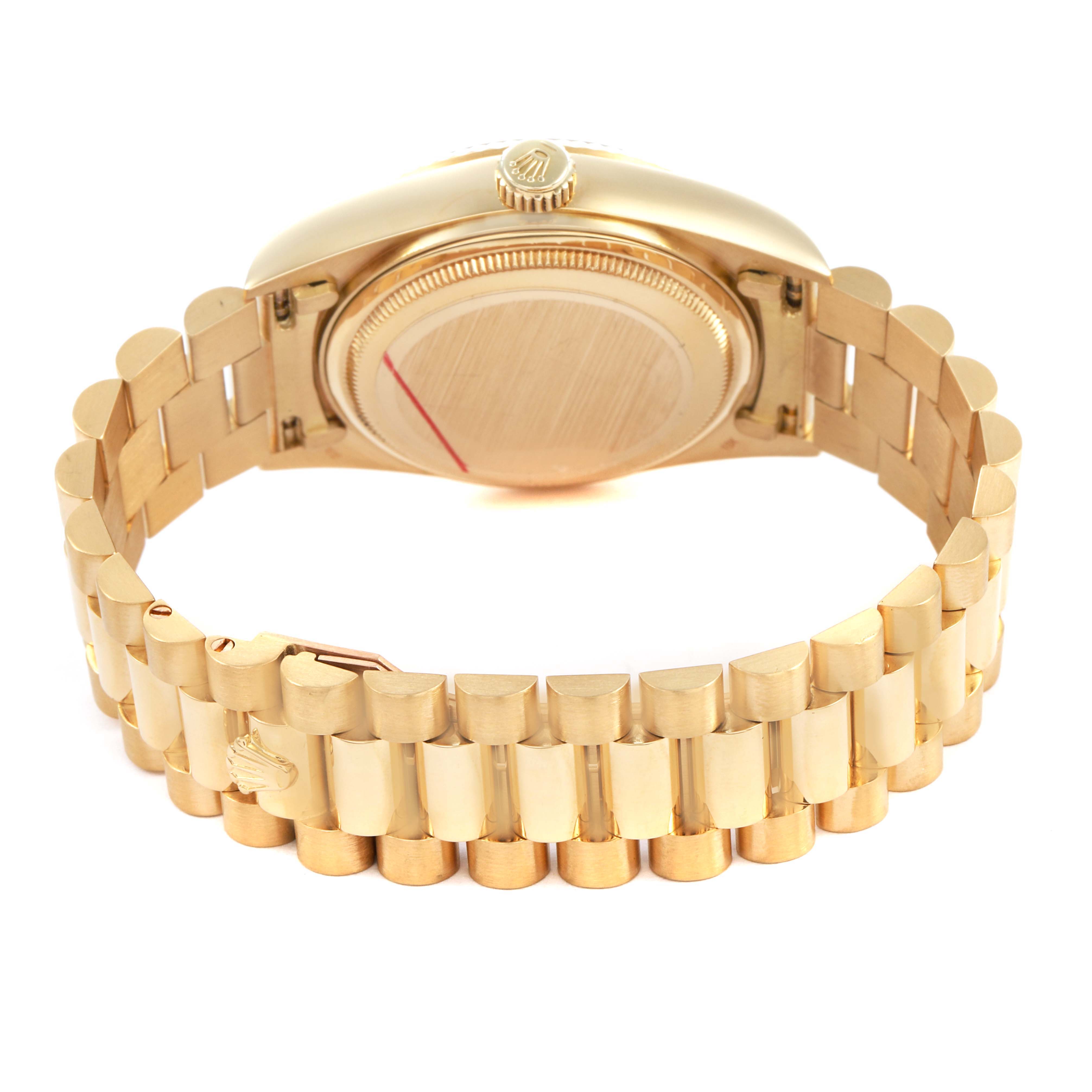 The image shows the back view of a Rolex President 18038 Men's Yellow Gold Champagne Dial model watch, highlighting the bracelet and case back.