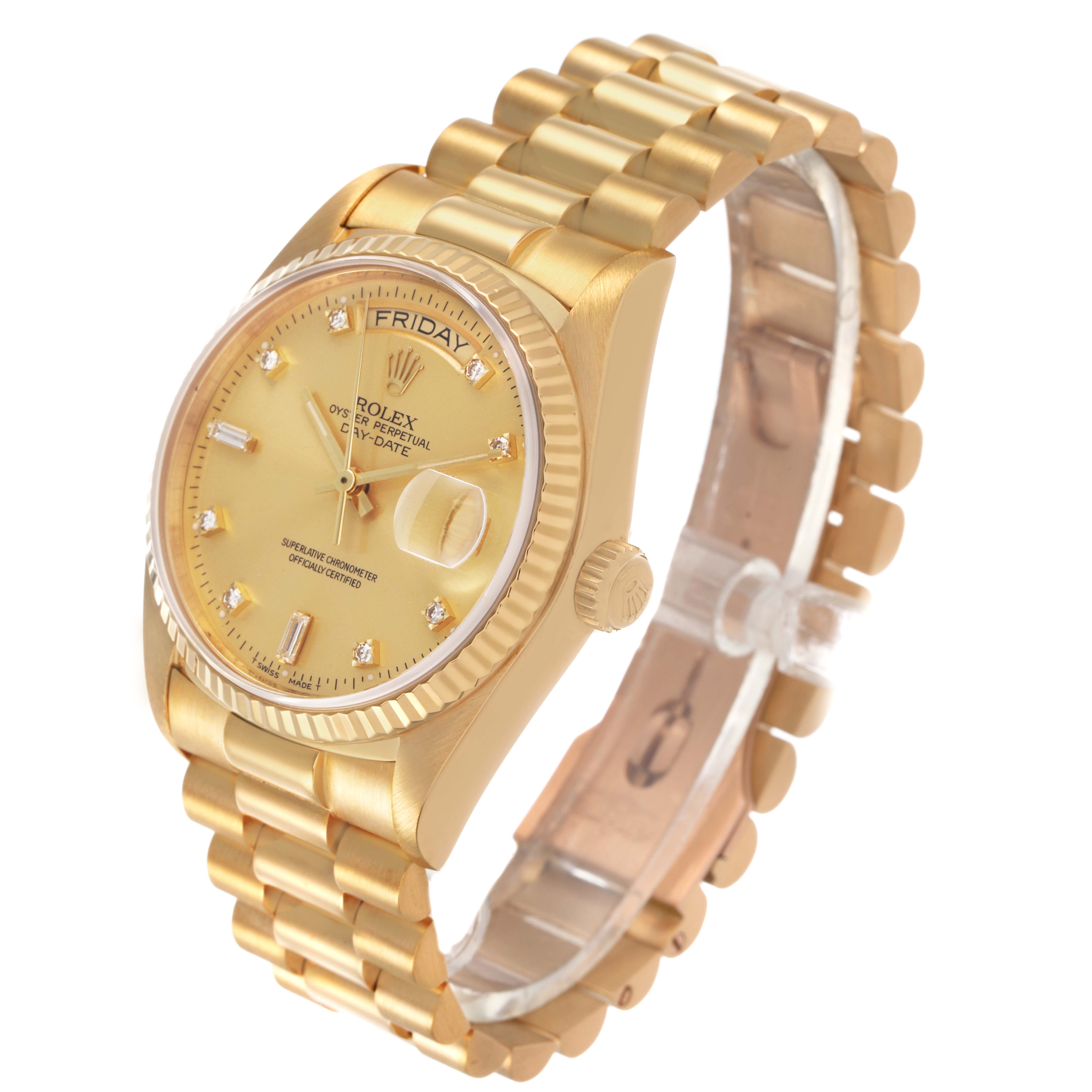 The Rolex President 18038 Men's Yellow Gold Champagne Dial watch is shown at a three-quarter angle, displaying the face, crown, and part of the bracelet.