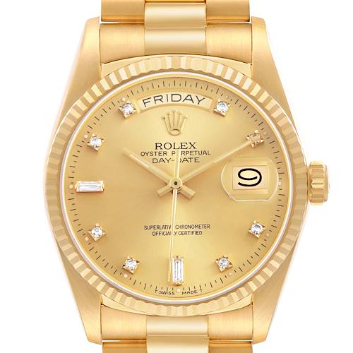 The Rolex President 18038 Men's Yellow Gold Champagne Dial model is shown from a frontal angle, highlighting the dial, bezel, and bracelet.