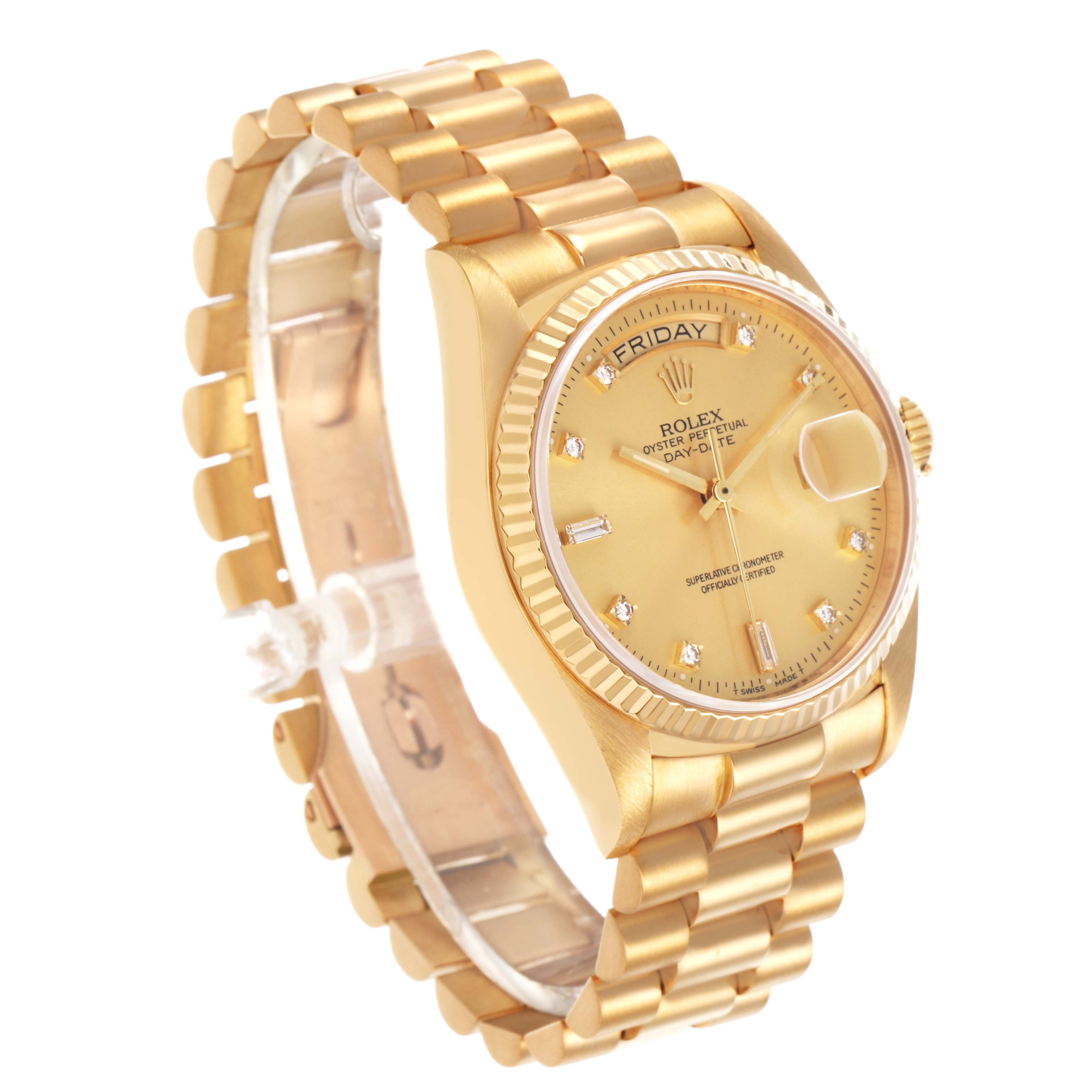 The image shows a Rolex President 18038 Men's Yellow Gold Champagne Dial model watch at an oblique angle, highlighting the bracelet, dial, bezel, and crown.