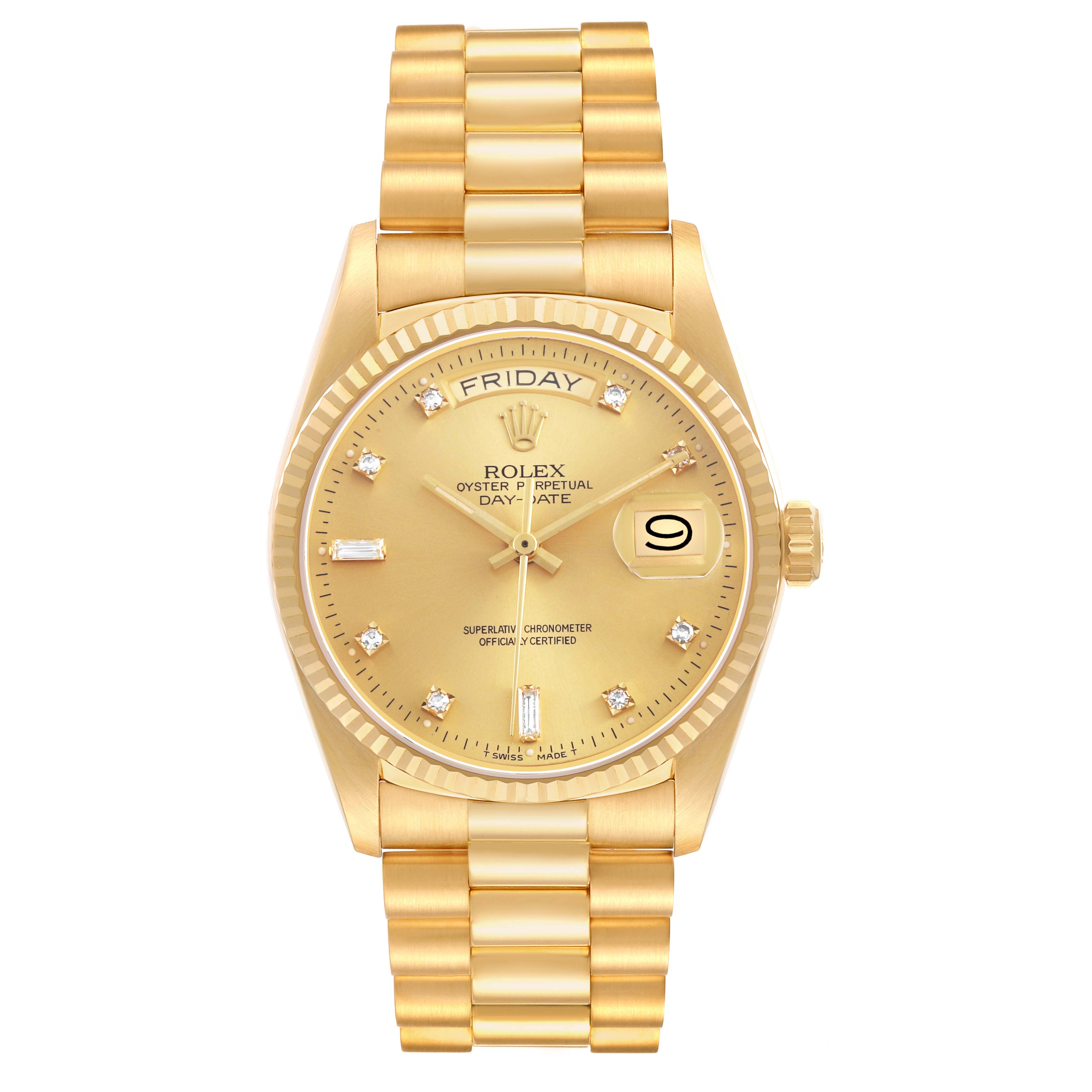 The Rolex President 18038 Men's Yellow Gold Champagne Dial watch is shown from a front angle, displaying its gold bracelet, dial, day-date window, and diamond hour markers.