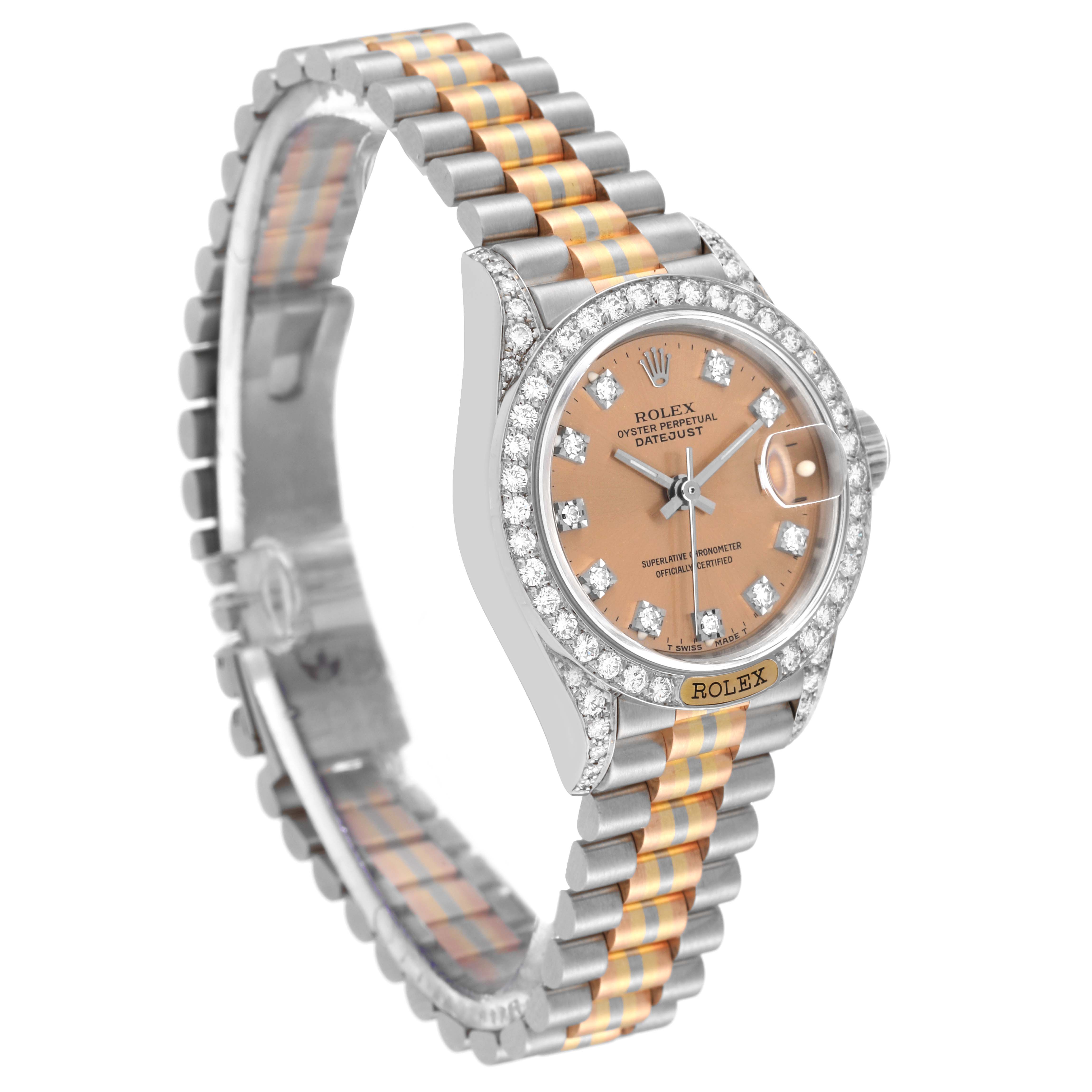 The Rolex President 69159 Women's Steel and Gold (two tone) Champagne Dial 69159 Women's Steel and Gold (two tone) Champagne Dial model watch is shown at an angle displaying the bezel, dial, and bracelet.