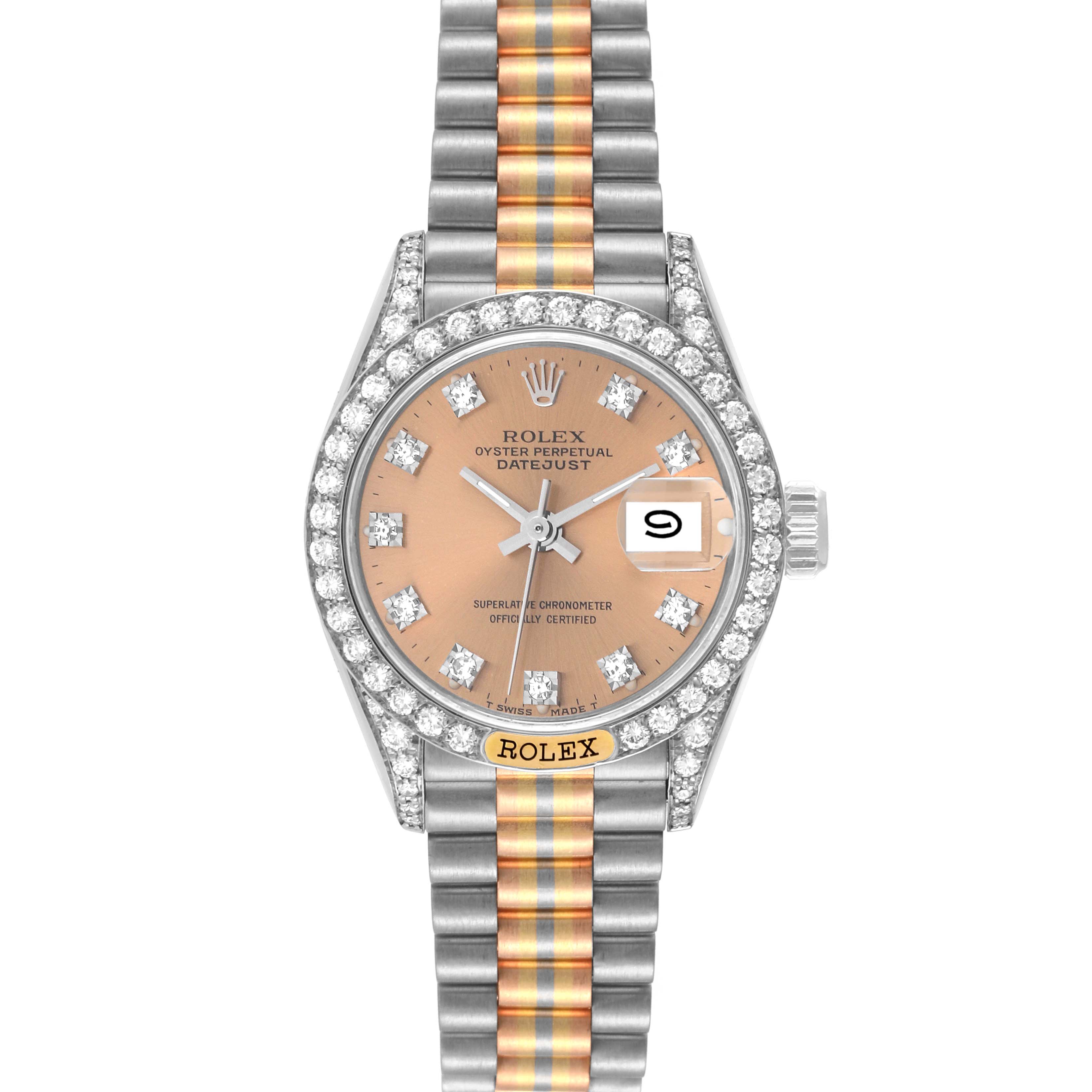 The Rolex President 69159 Women's Steel and Gold (two tone) Champagne Dial 69159 Women's Steel and Gold (two tone) Champagne Dial model watch is shown from a front angle, displaying the dial, bezel, date window, and bracelet.