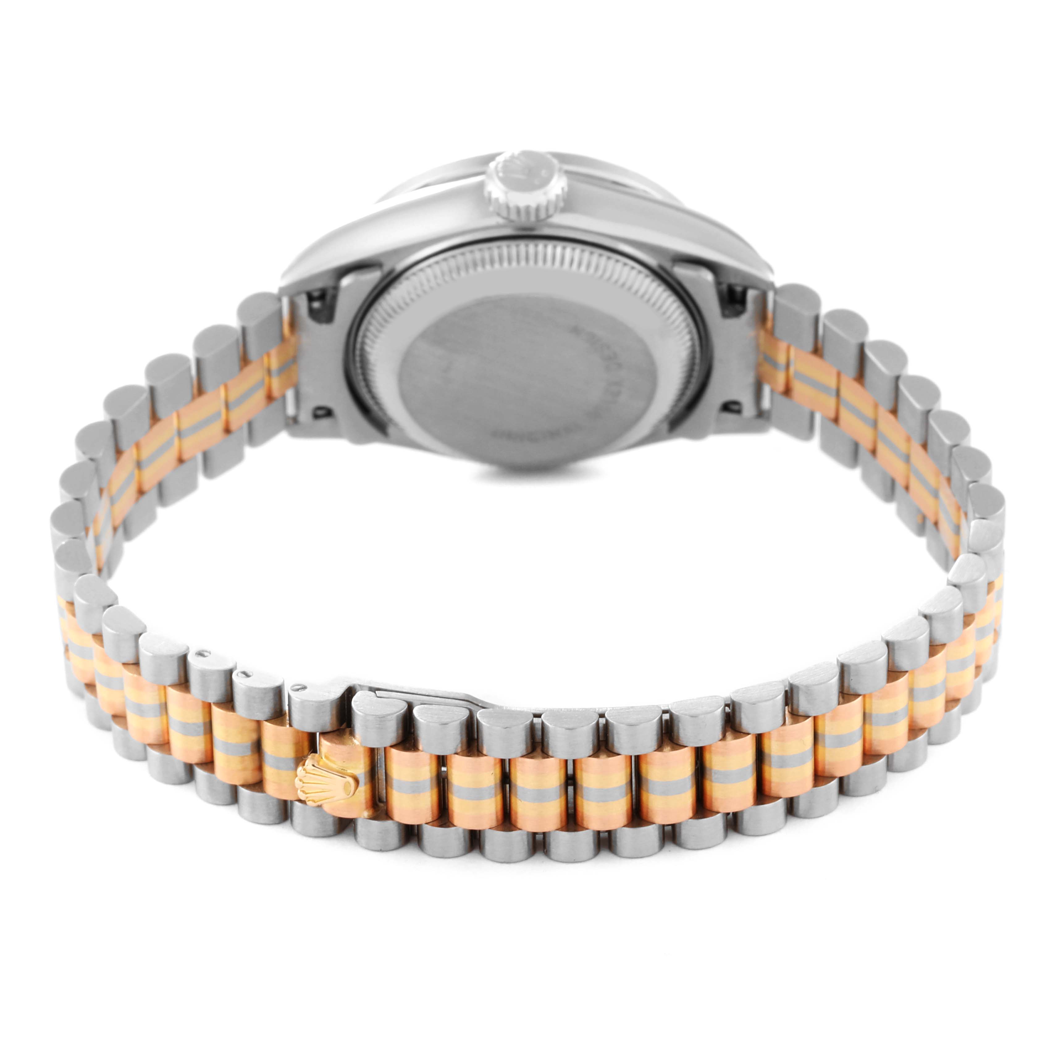 The image shows the back view of the Rolex President 69159 Women's Steel and Gold (two tone) Champagne Dial 69159 Women's Steel and Gold (two tone) Champagne Dial model watch, highlighting the case back, crown, and two-tone bracelet.