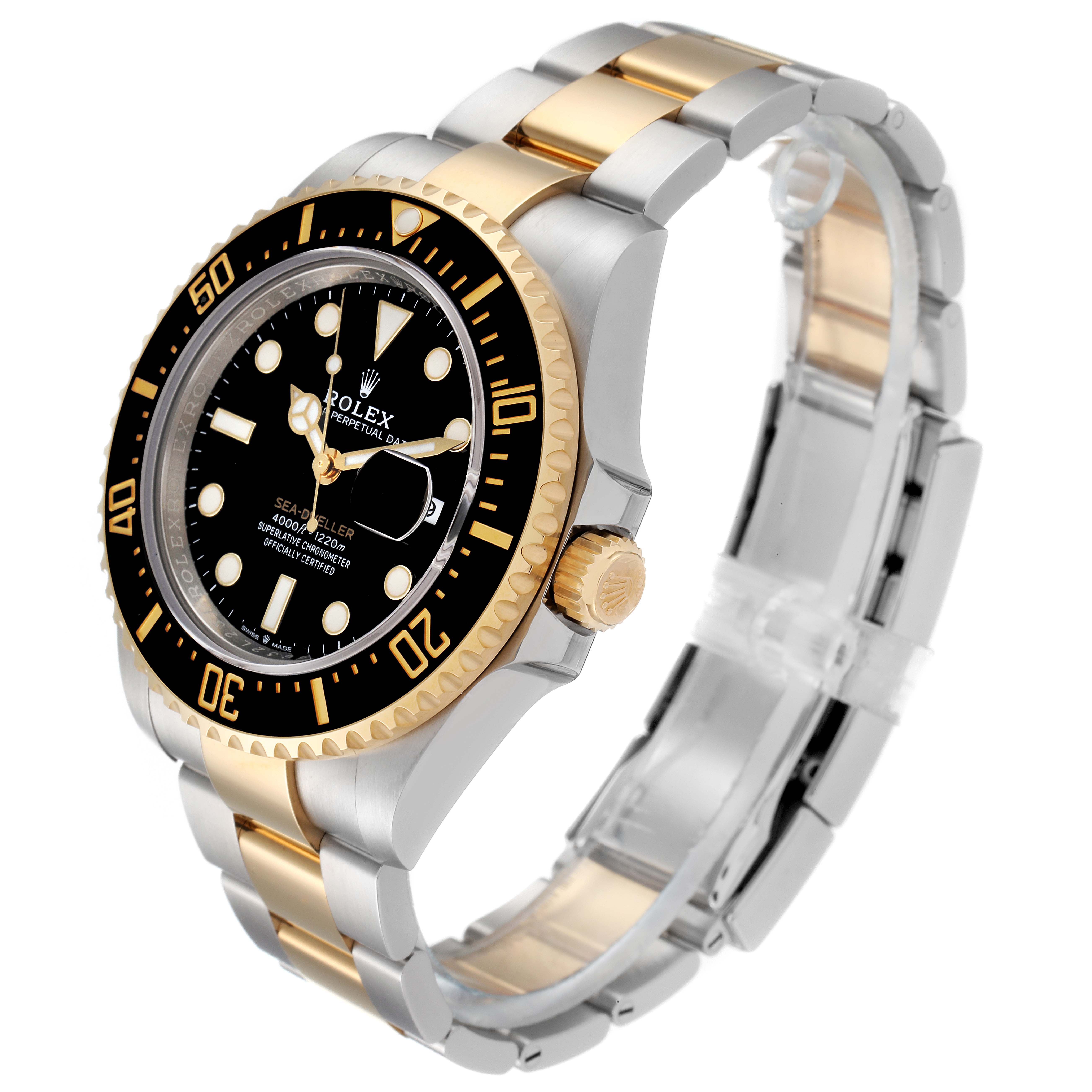 The Rolex Sea-Dweller 126603 Men's Steel and Gold (two tone) Black Dial 126603 Men's Steel and Gold (two tone) Black Dial watch is shown at an angle highlighting the face, bezel, crown, and two-tone bracelet.