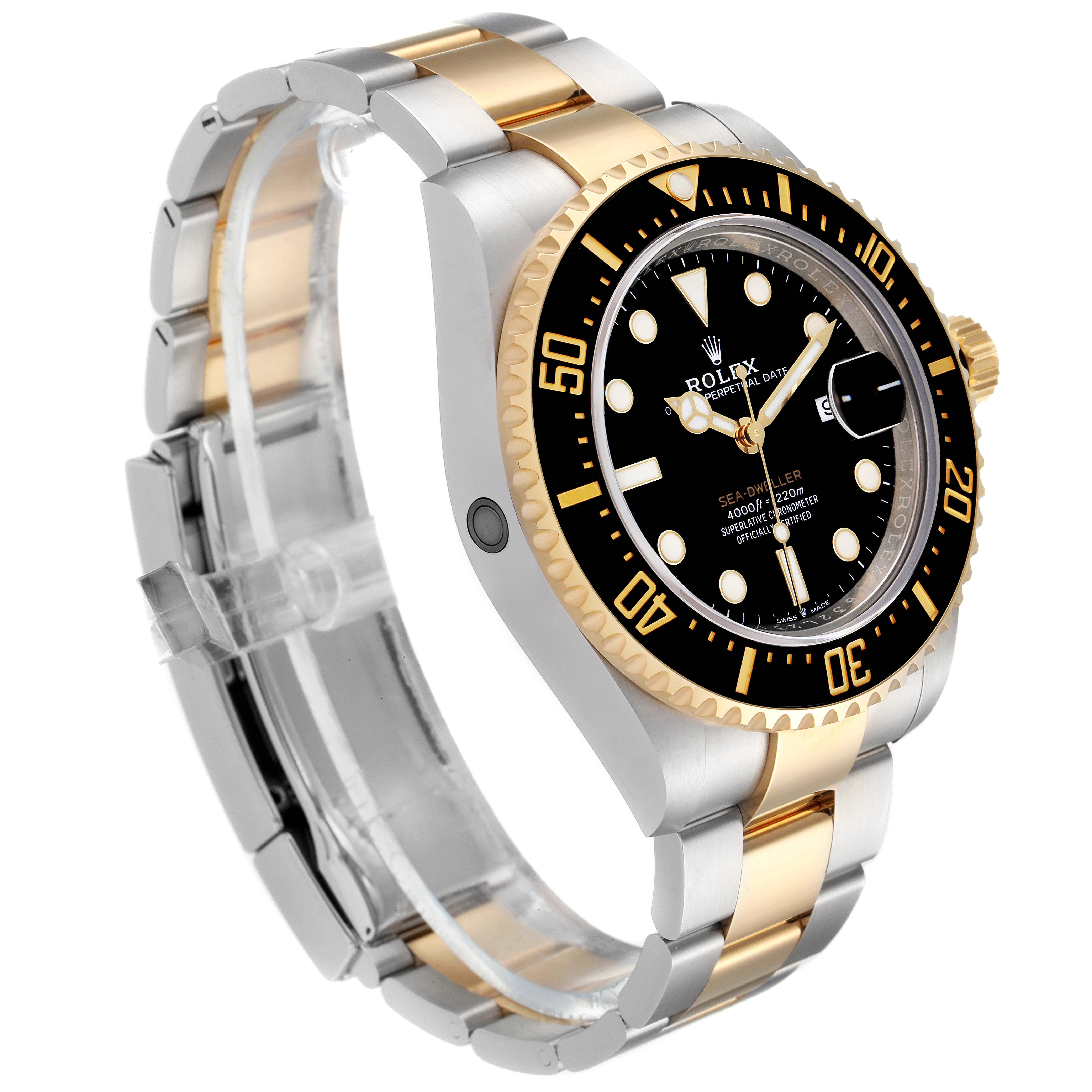 The Rolex Sea-Dweller 126603 Men's Steel and Gold (two tone) Black Dial 126603 Men's Steel and Gold (two tone) Black Dial watch is shown at a three-quarter angle, highlighting its face, bezel, and bracelet.