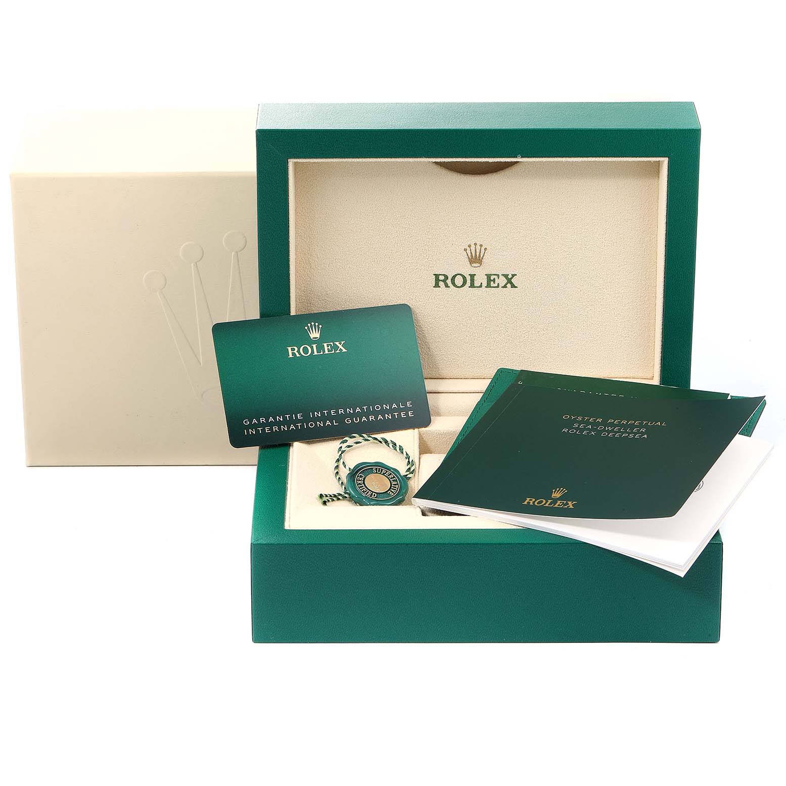 This image depicts the packaging and accessories for a Rolex Sea-Dweller 126603 Men's Steel and Gold (two tone) Black Dial 126603 Men's Steel and Gold (two tone) Black Dial watch, including the box, warranty card, tag, and manuals.