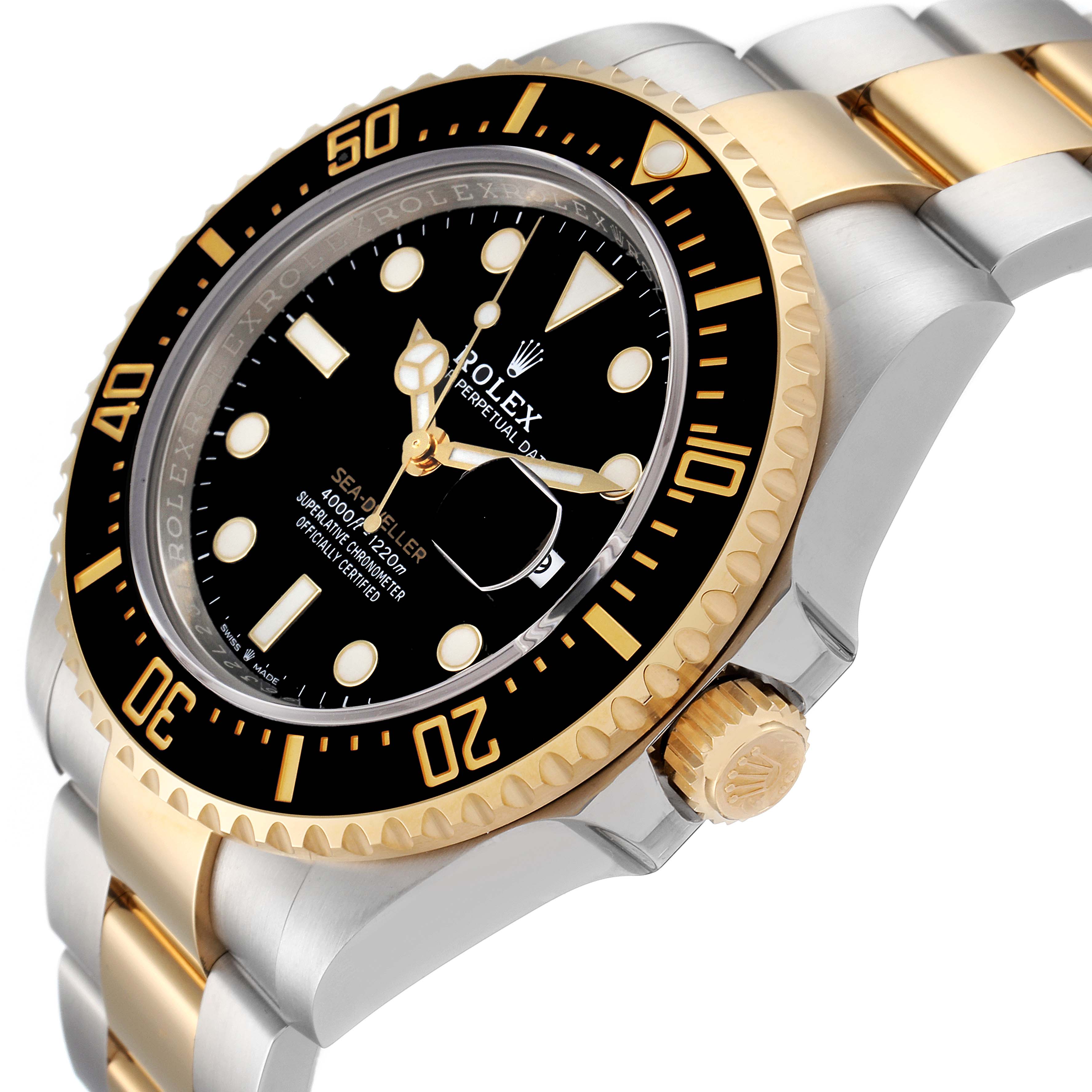 The Rolex Sea-Dweller 126603 Men's Steel and Gold (two tone) Black Dial 126603 Men's Steel and Gold (two tone) Black Dial watch is shown at an angle highlighting the gold and silver bracelet, black dial, and bezel.