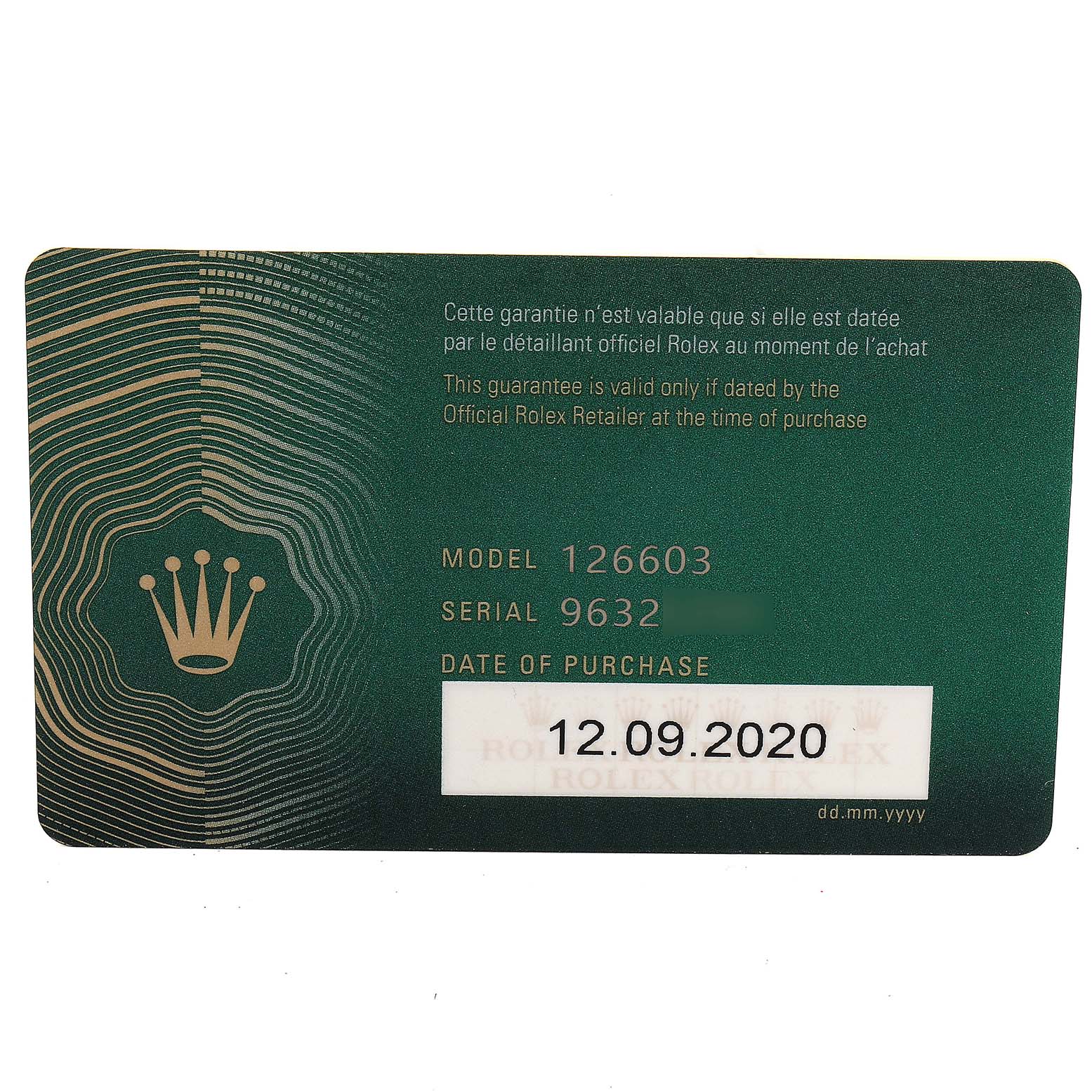 This image shows the warranty card for a Rolex Sea-Dweller 126603 Men's Steel and Gold (two tone) Black Dial 126603 Men's Steel and Gold (two tone) Black Dial model 126603, with purchase date 12.09.2020.
