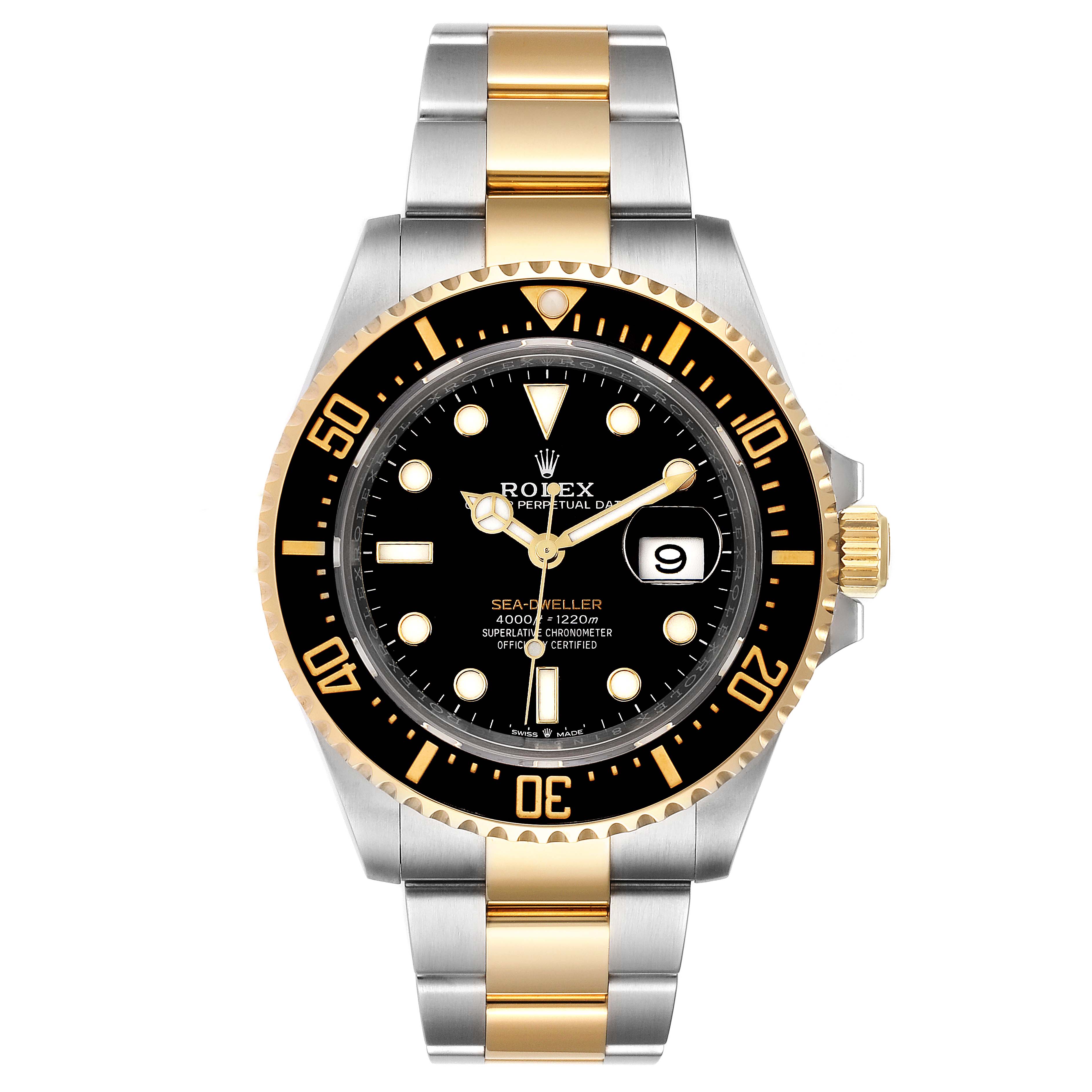 The Rolex Sea-Dweller 126603 Men's Steel and Gold (two tone) Black Dial 126603 Men's Steel and Gold (two tone) Black Dial watch is shown from a front angle, displaying its dial, bezel, and bracelet clearly.