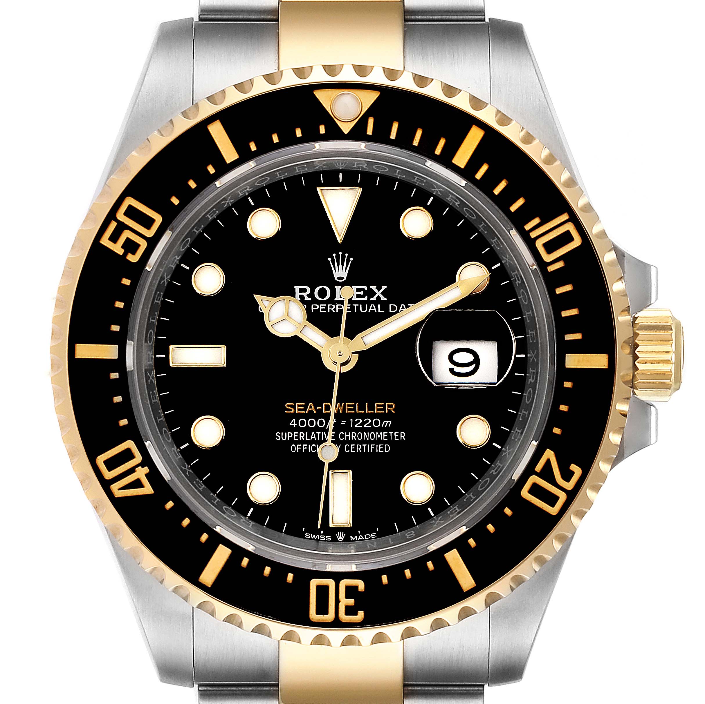 This image shows a front view of the Rolex Sea-Dweller 126603 Men's Steel and Gold (two tone) Black Dial 126603 Men's Steel and Gold (two tone) Black Dial watch, highlighting the dial, bezel, and stainless steel and gold bracelet.