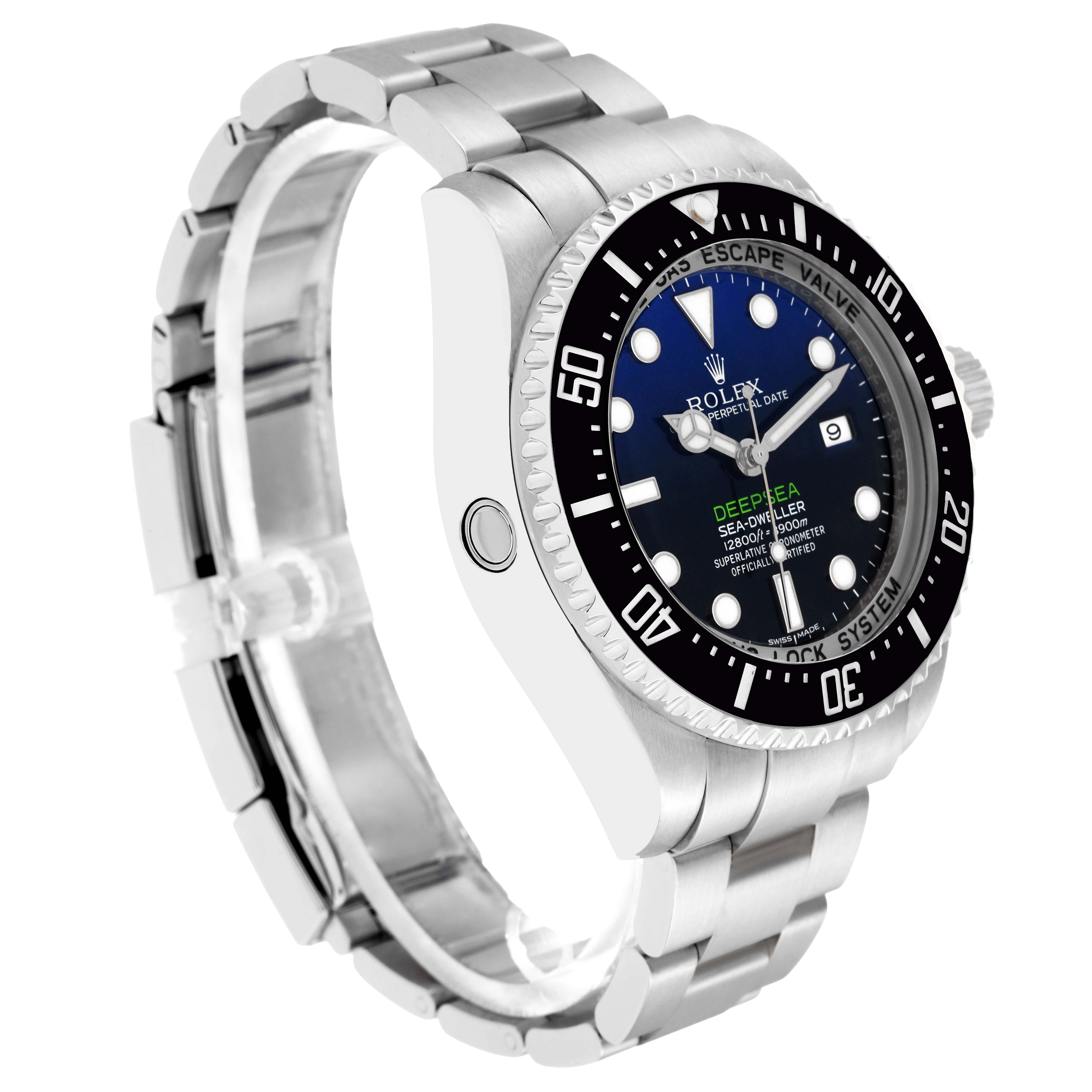 The Rolex Sea-Dweller 116660 Men
s Stainless Steel Blue Dial watch is shown at a side angle, displaying the bezel, dial, side case, and bracelet.