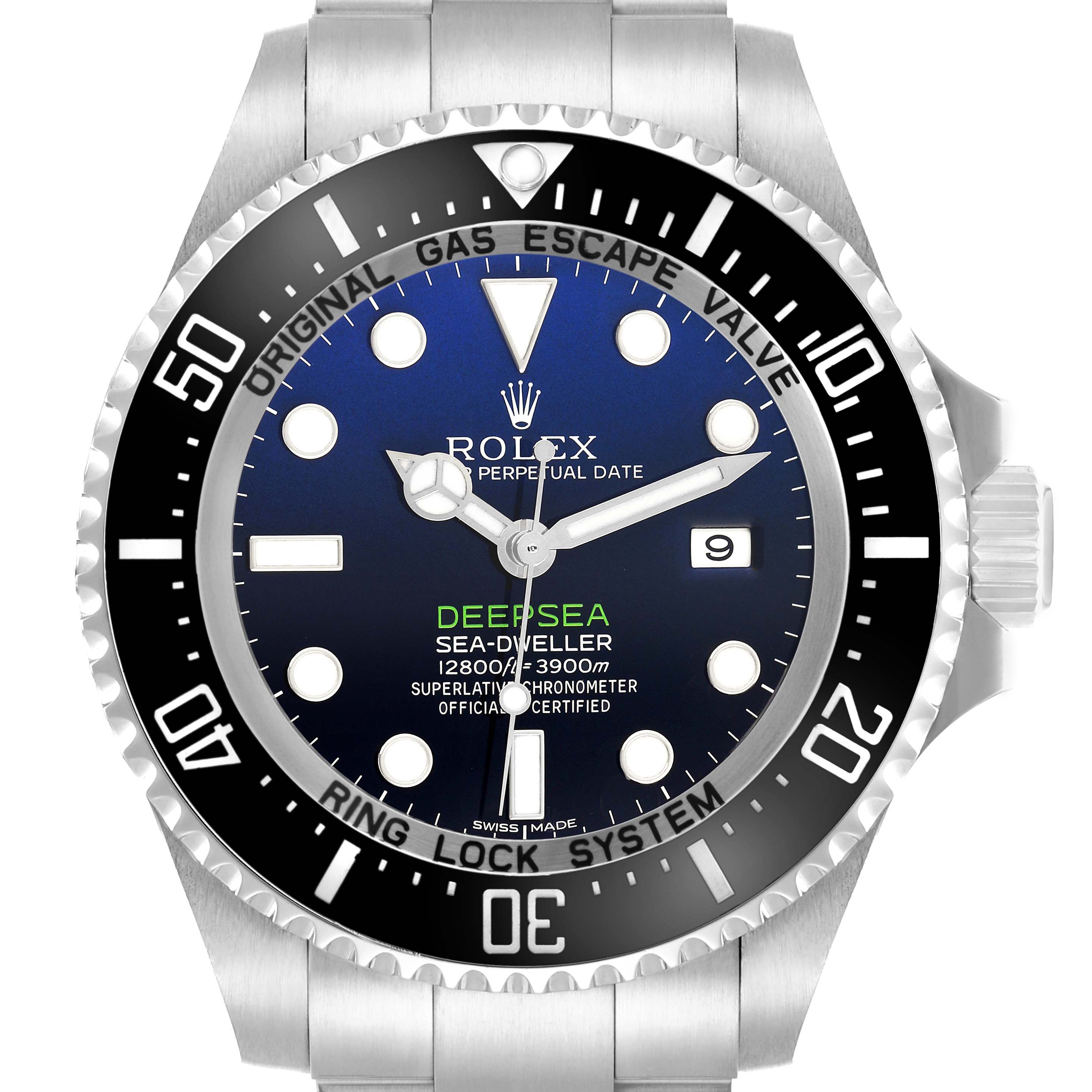 The image shows a front view of the Rolex Sea-Dweller 116660 Men
s Stainless Steel Blue Dial watch, highlighting the dial, bezel, and part of the bracelet.