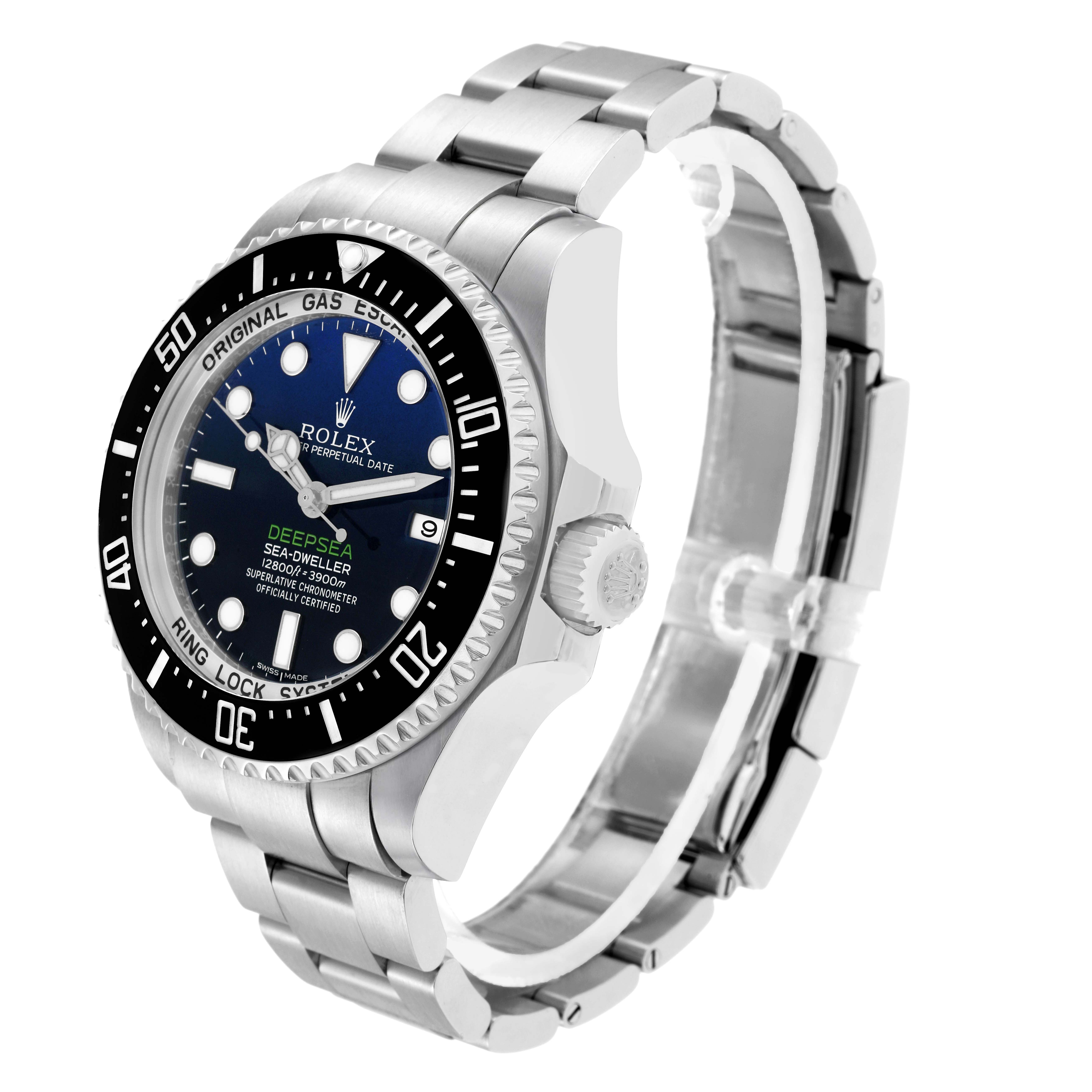 The Rolex Sea-Dweller 116660 Men
s Stainless Steel Blue Dial watch is shown from a 3/4 angle, highlighting the face, bezel, crown, and bracelet.