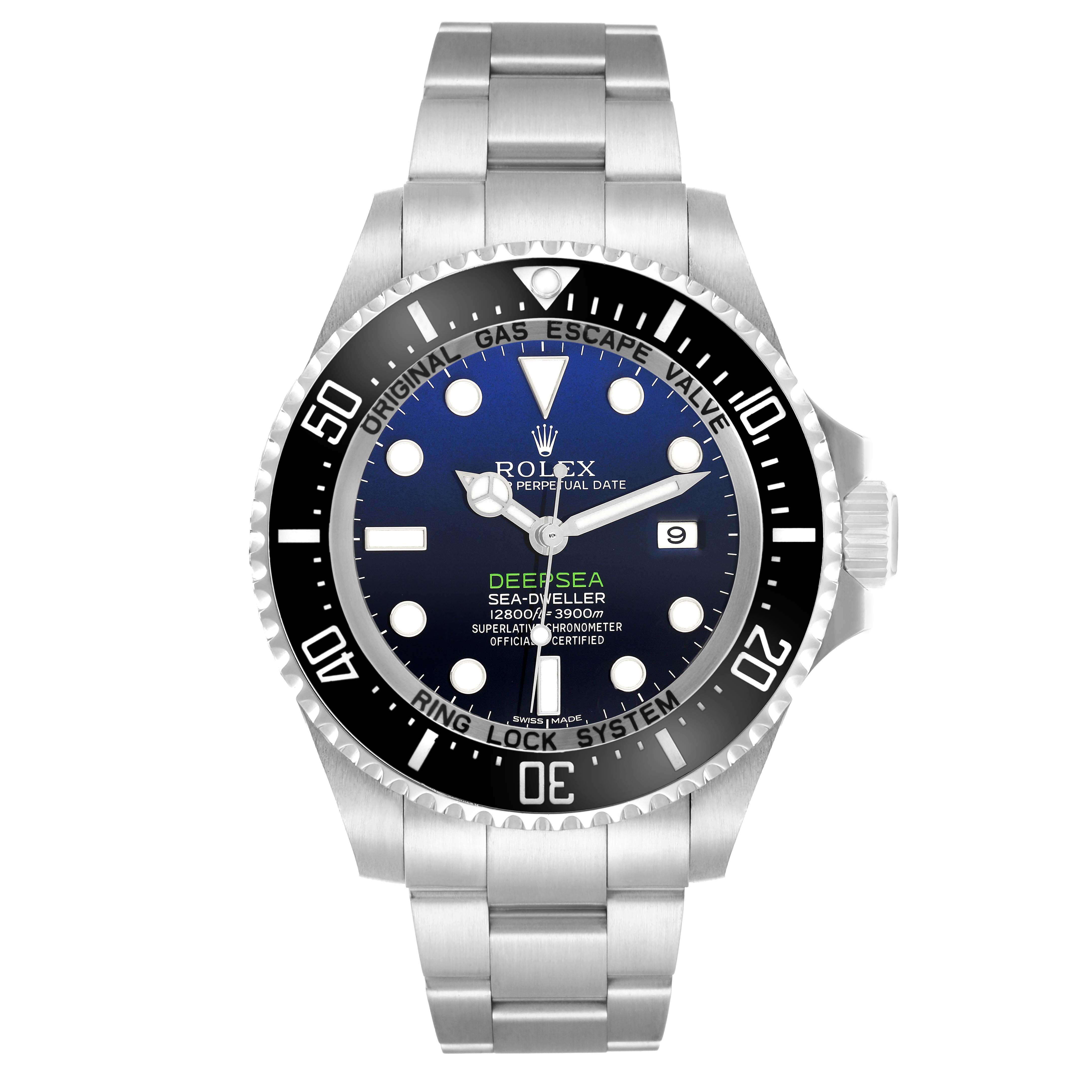 The Rolex Sea-Dweller 116660 Men
s Stainless Steel Blue Dial watch is shown from the front, displaying its face, bezel, and bracelet clearly.