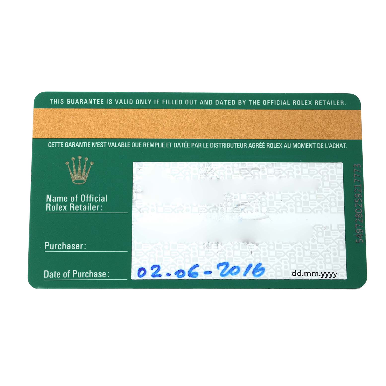 The image shows a green warranty card for the Rolex Sea-Dweller 116660 Men
s Stainless Steel Blue Dial, displaying purchase details and retailer information.