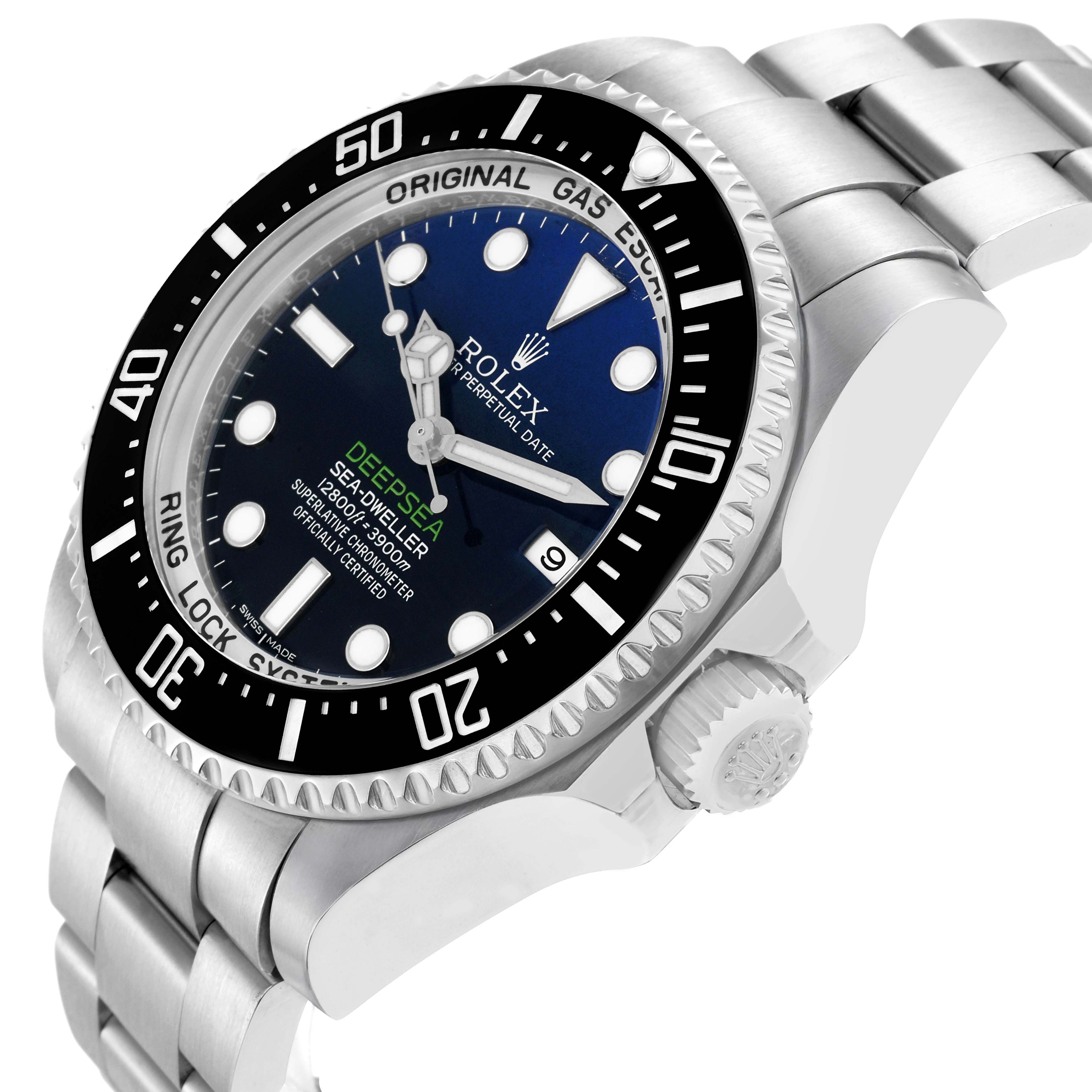 The Rolex Sea-Dweller 116660 Men
s Stainless Steel Blue Dial watch is shown at a three-quarter angle, displaying its bezel, dial, crown, and metal bracelet.