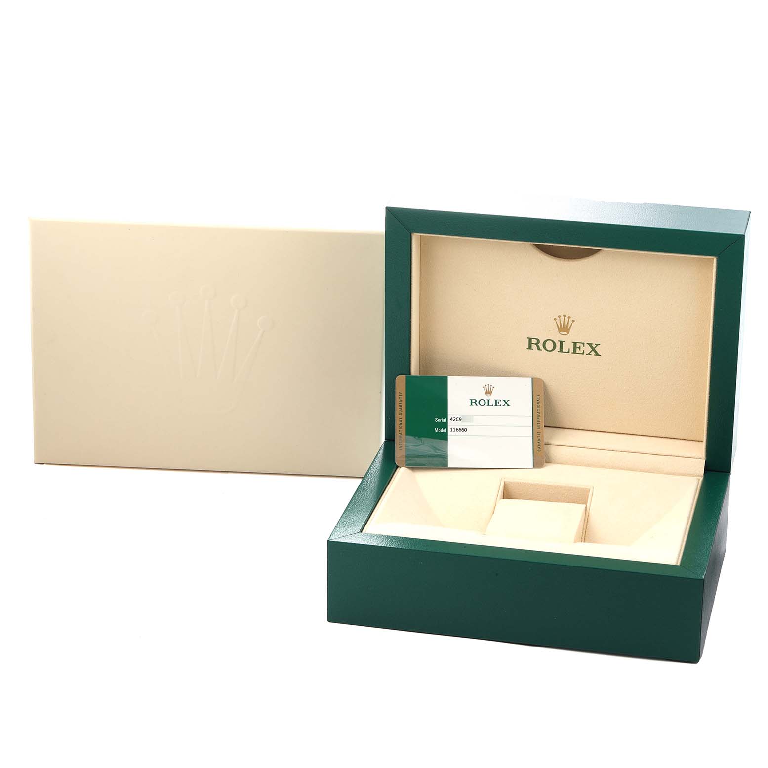 The image shows a Rolex Sea-Dweller 116660 Men
s Stainless Steel Blue Dial box, warranty card, and outer sleeve viewed from a front angle.