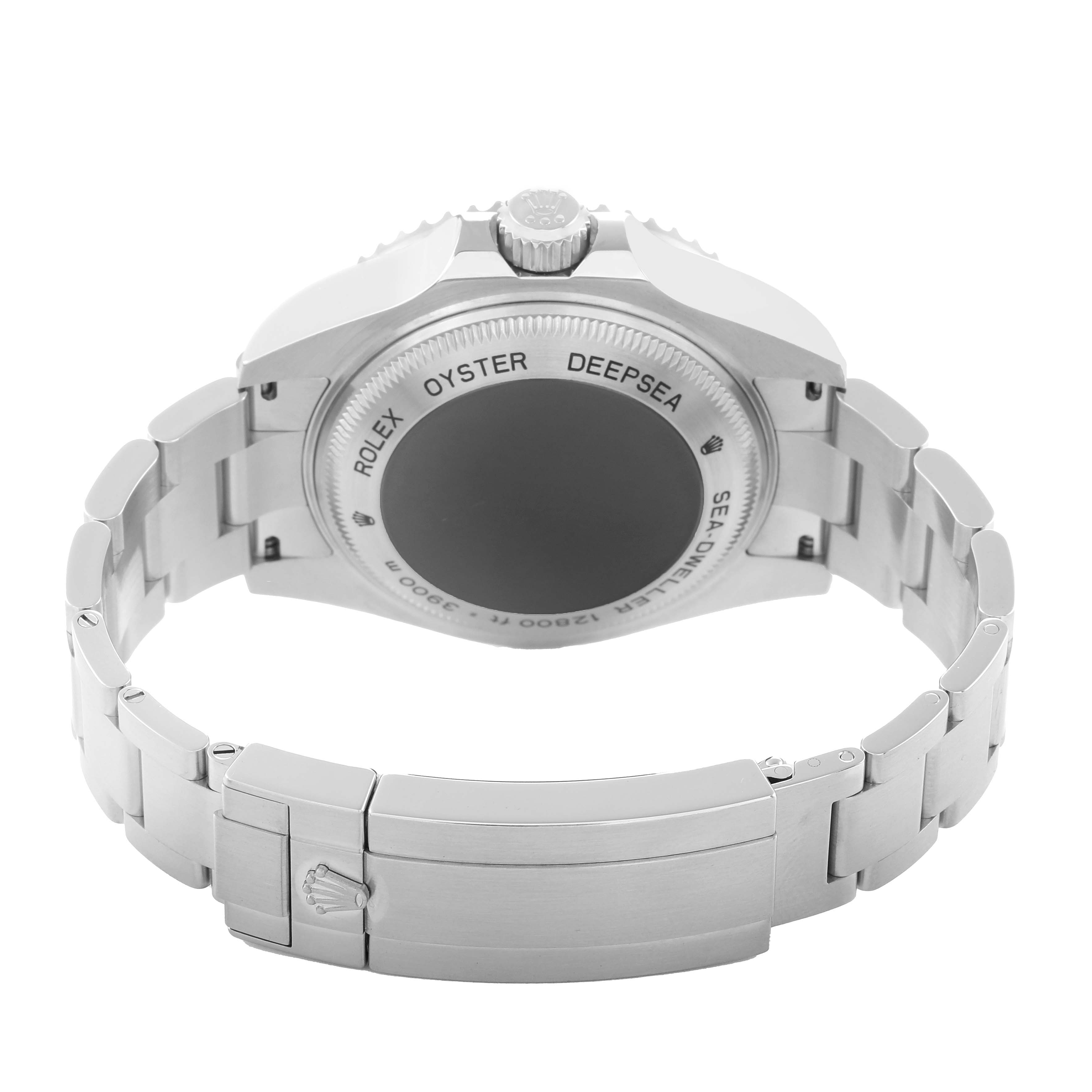 The image shows the back view of a Rolex Sea-Dweller 116660 Men
s Stainless Steel Blue Dial, highlighting the case back, bracelet, and clasp.