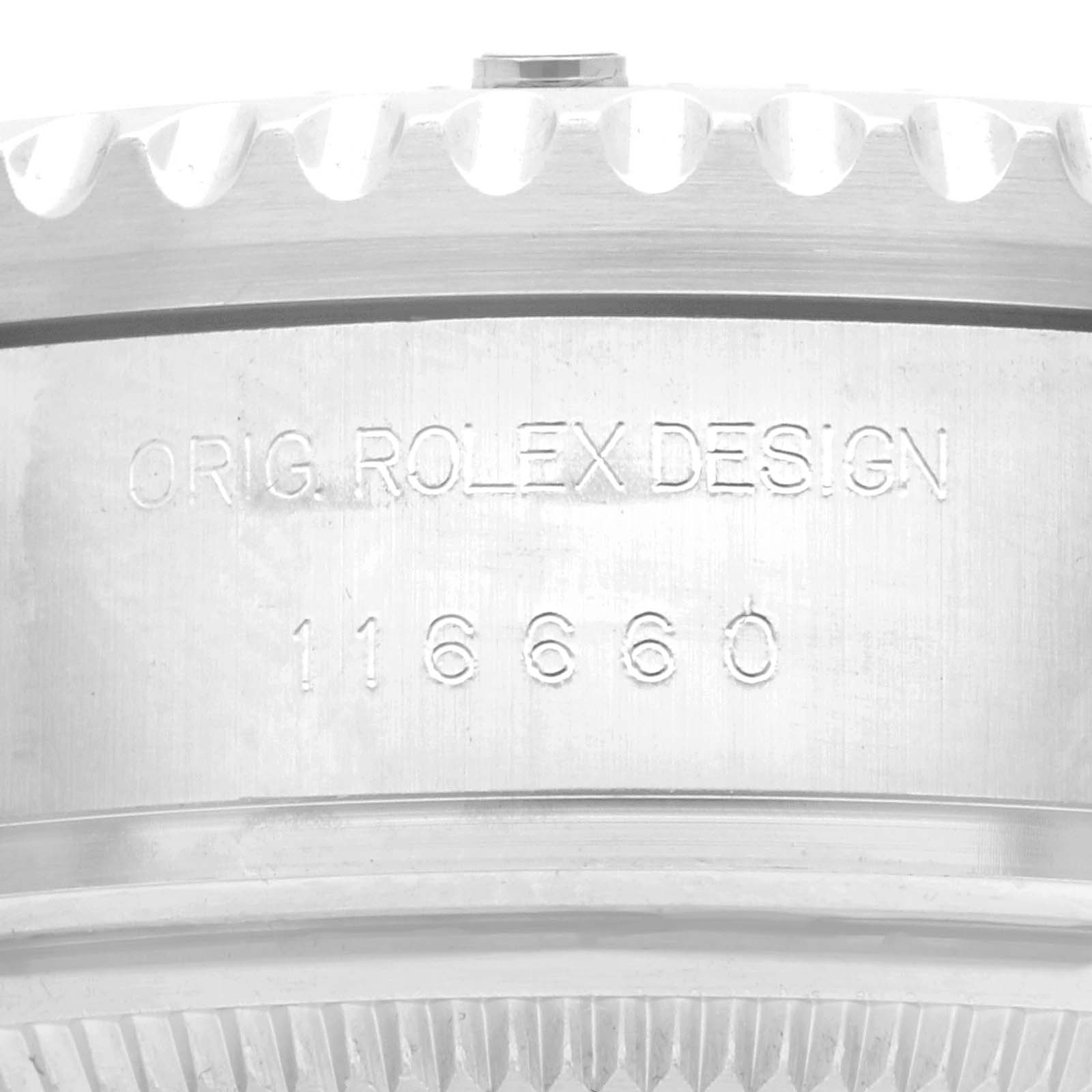 The image shows a close-up of the Rolex Sea-Dweller 116660 Men
s Stainless Steel Blue Dial
s side, focusing on the case with engraved model details.