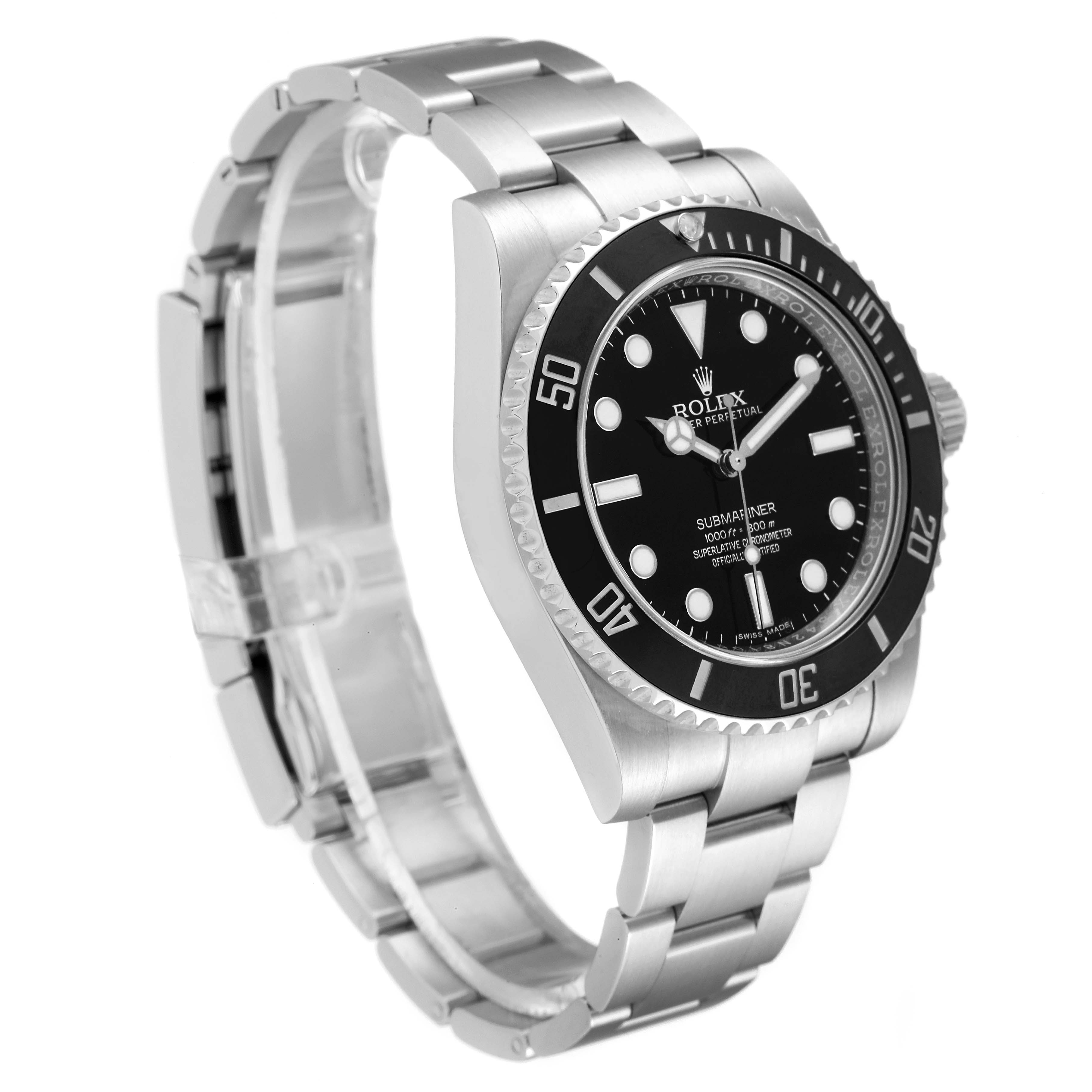 The image shows a side and front angle of the Rolex Submariner 114060 Men's Stainless Steel Black Dial 114060 Men's Stainless Steel Black Dial watch, highlighting the bezel, dial, and bracelet.
