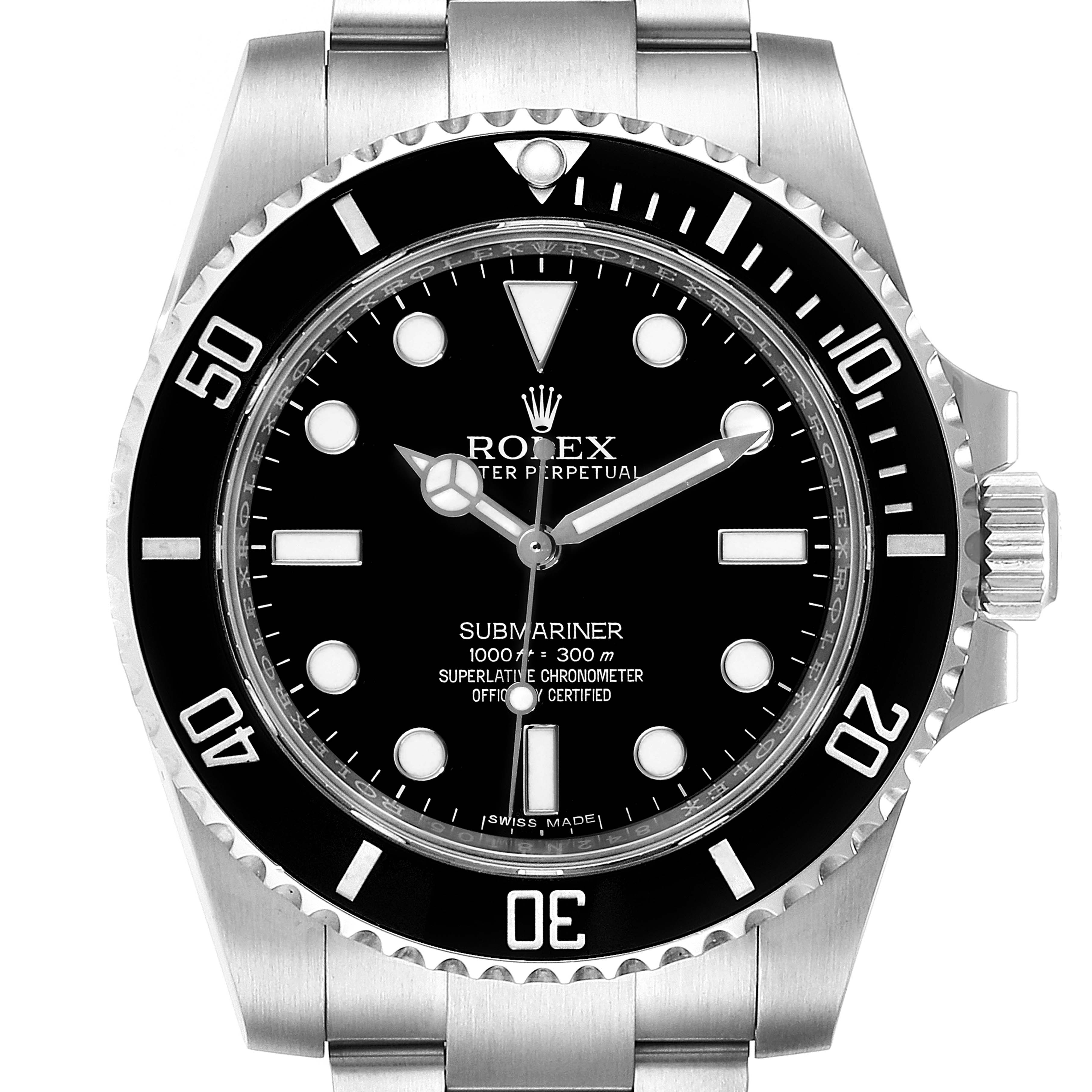 The image shows a front view of the Rolex Submariner 114060 Men's Stainless Steel Black Dial 114060 Men's Stainless Steel Black Dial watch, highlighting the dial, bezel, and bracelet.