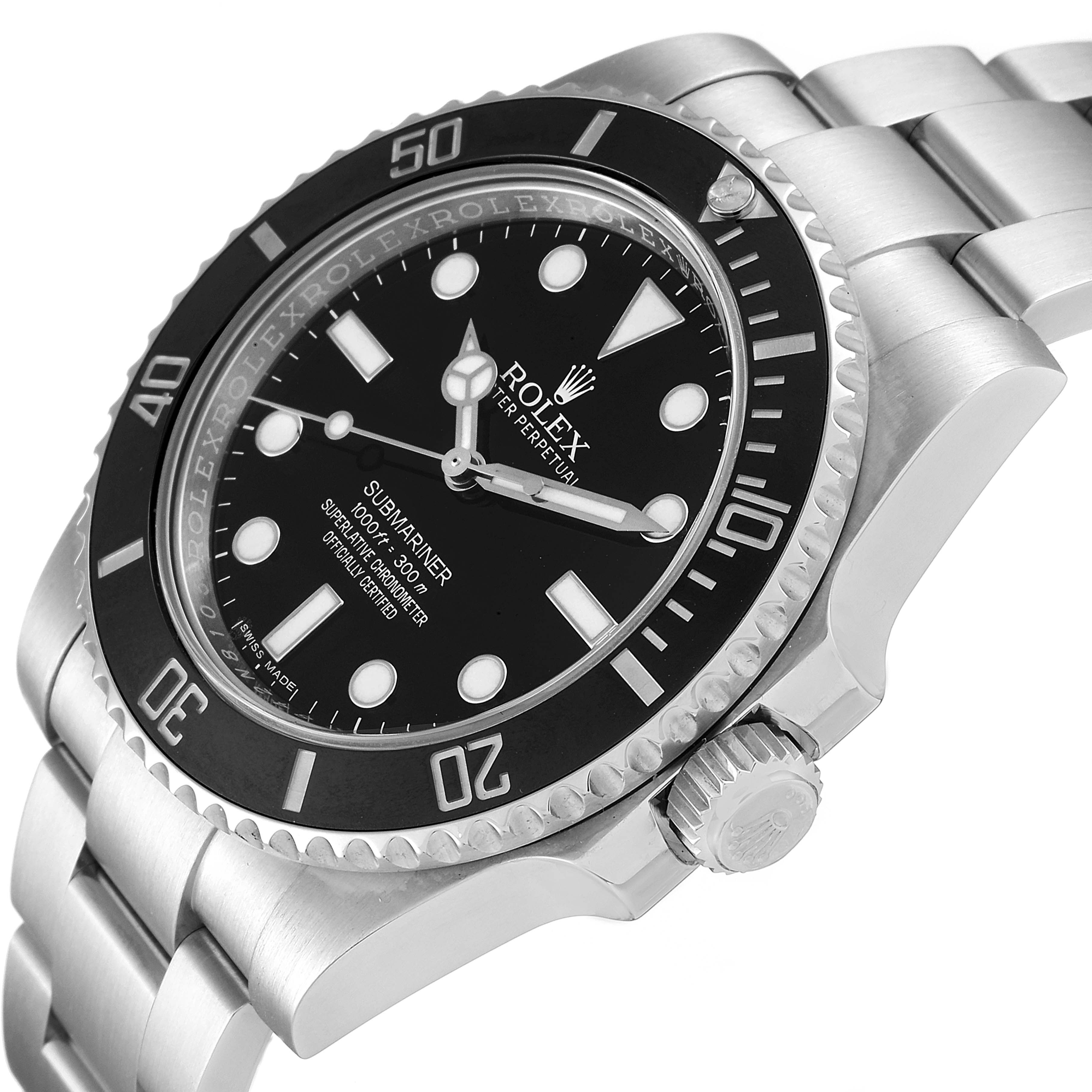 This image shows a Rolex Submariner 114060 Men's Stainless Steel Black Dial 114060 Men's Stainless Steel Black Dial watch from a slight angle, highlighting the bezel, dial, and a part of the bracelet.