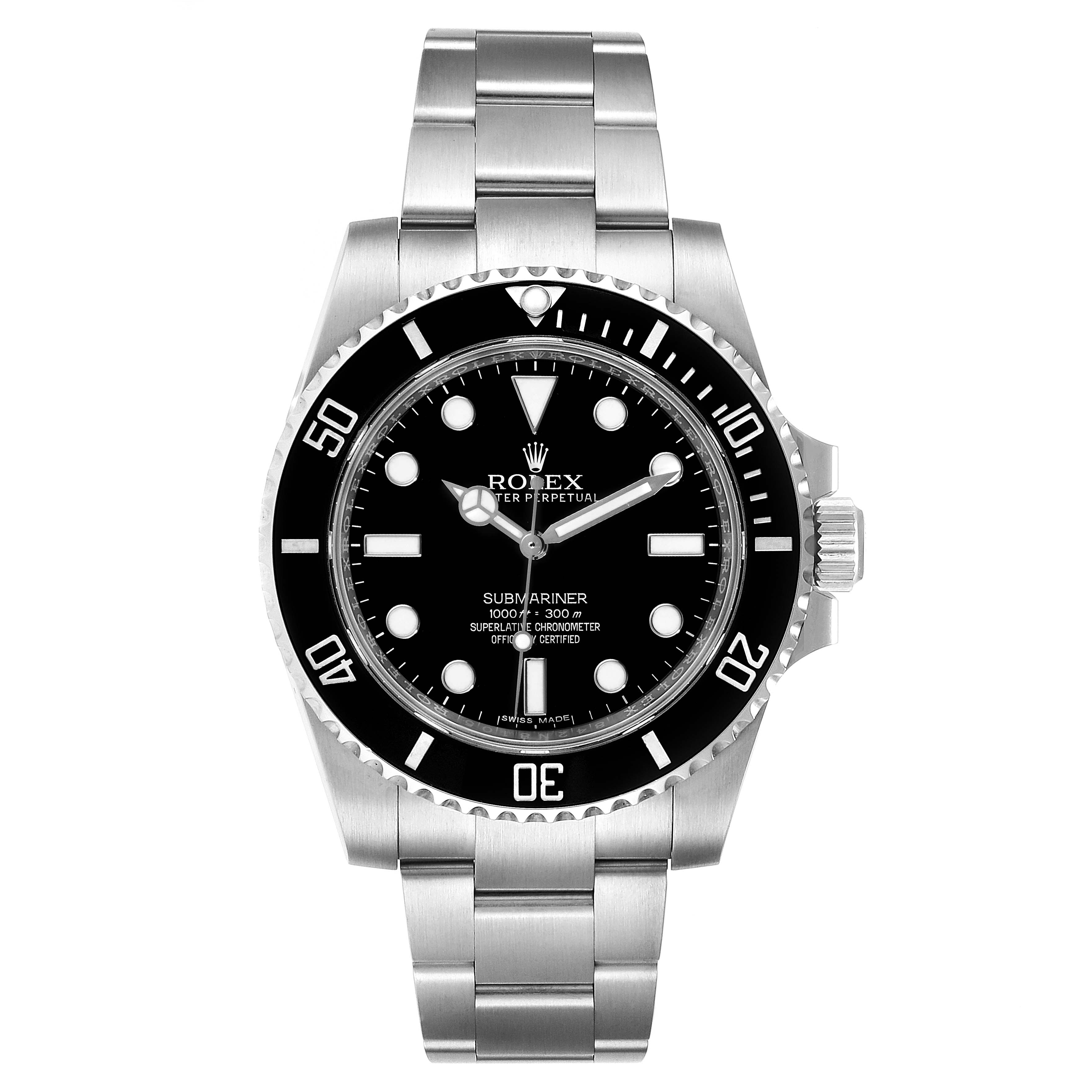 This image showcases a frontal view of a Rolex Submariner 114060 Men's Stainless Steel Black Dial 114060 Men's Stainless Steel Black Dial watch, highlighting its dial, bezel, and bracelet.