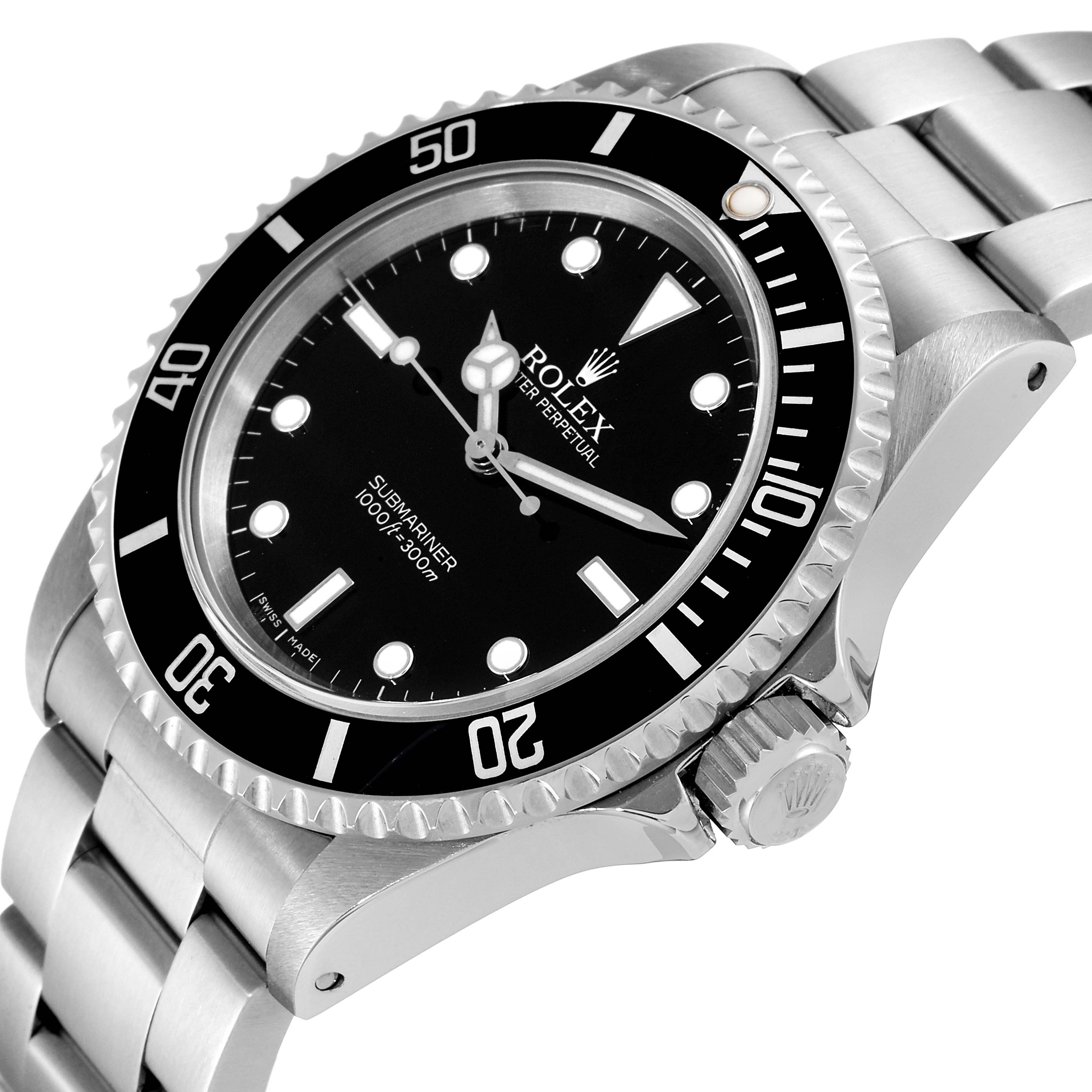The image shows a close-up angle of the Rolex Submariner 14060 Men
s Stainless Steel Black Dial 14060 Men
s Stainless Steel Black Dial watch, highlighting the dial, bezel, and part of the bracelet.