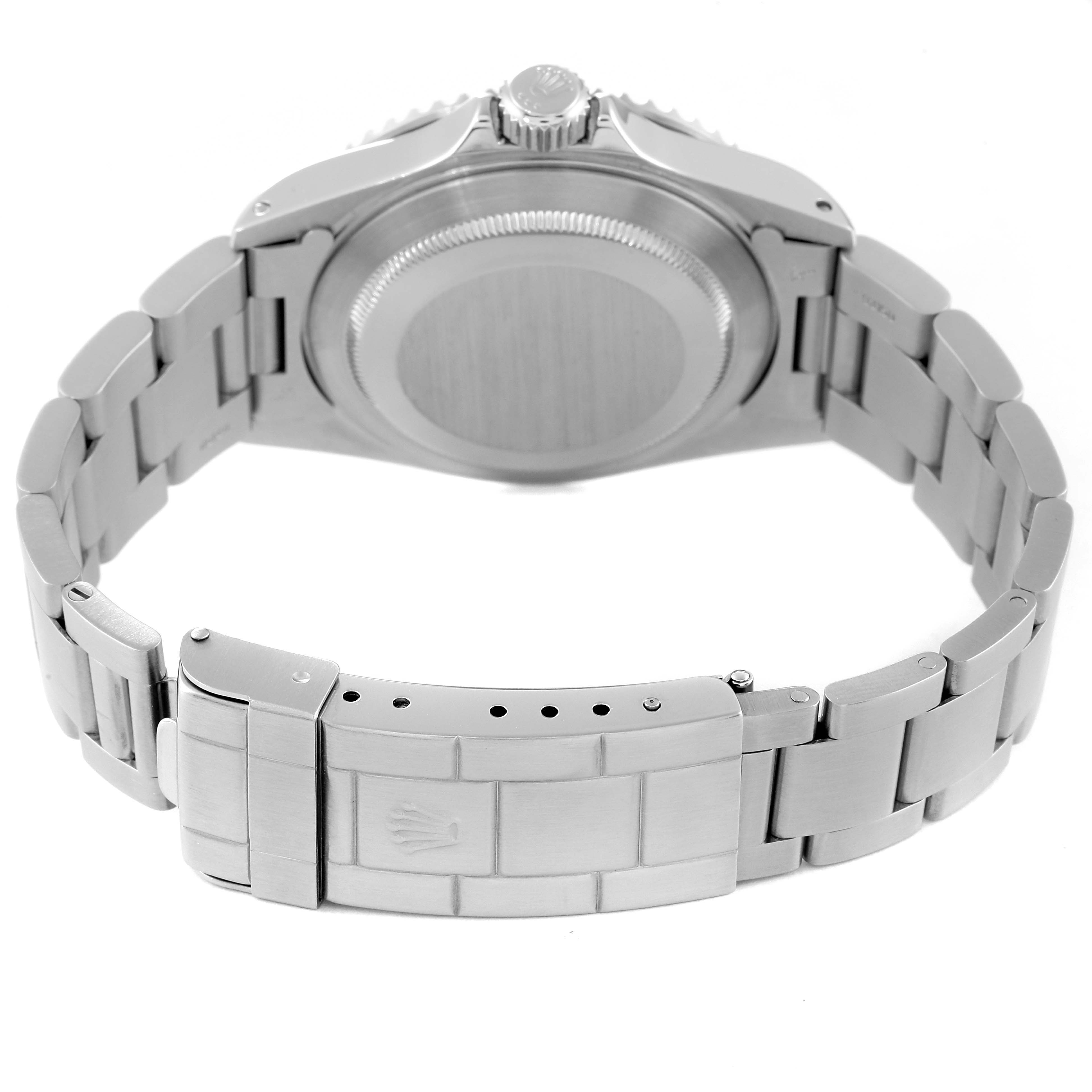 This image shows the back and bracelet clasp of a Rolex Submariner 14060 Men
s Stainless Steel Black Dial 14060 Men
s Stainless Steel Black Dial watch from a rear angle.