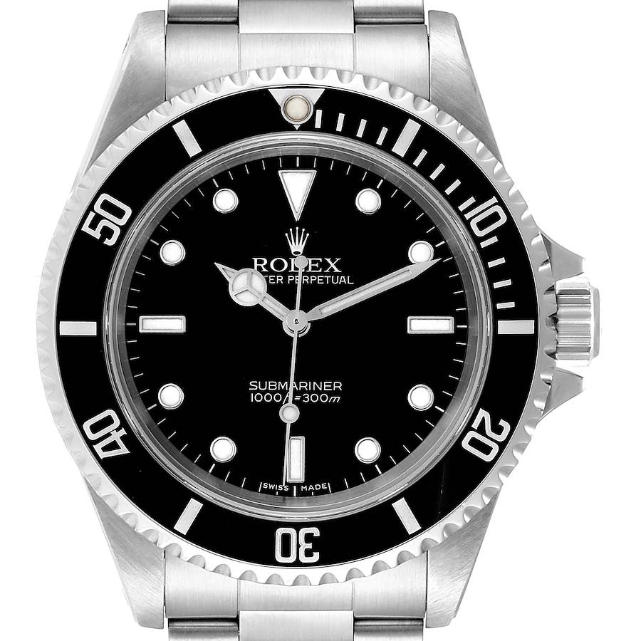 The image shows a front view of a Rolex Submariner, highlighting the dial, bezel, and part of the bracelet.