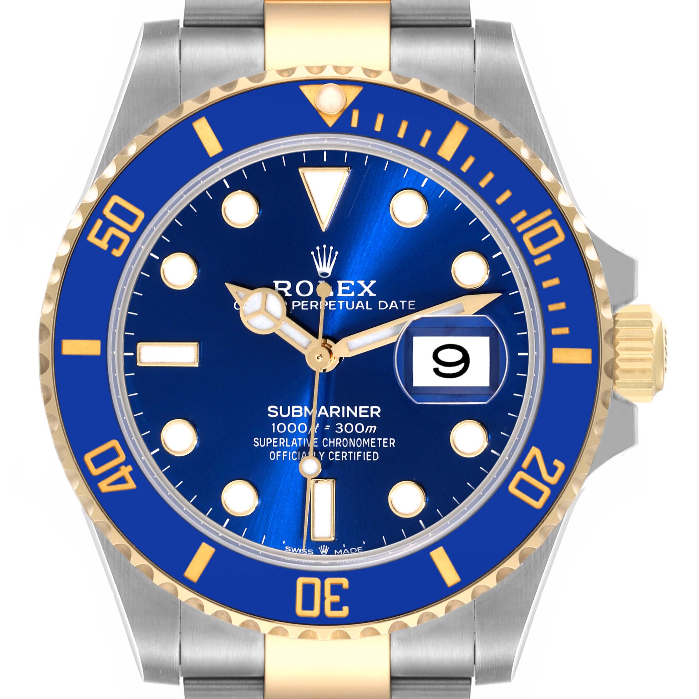 The image shows a frontal view of the Rolex Submariner 126613 Men's Steel and Gold (two tone) Blue Dial 126613 Men's Steel and Gold (two tone) Blue Dial, highlighting its blue dial, bezel, and date window.
