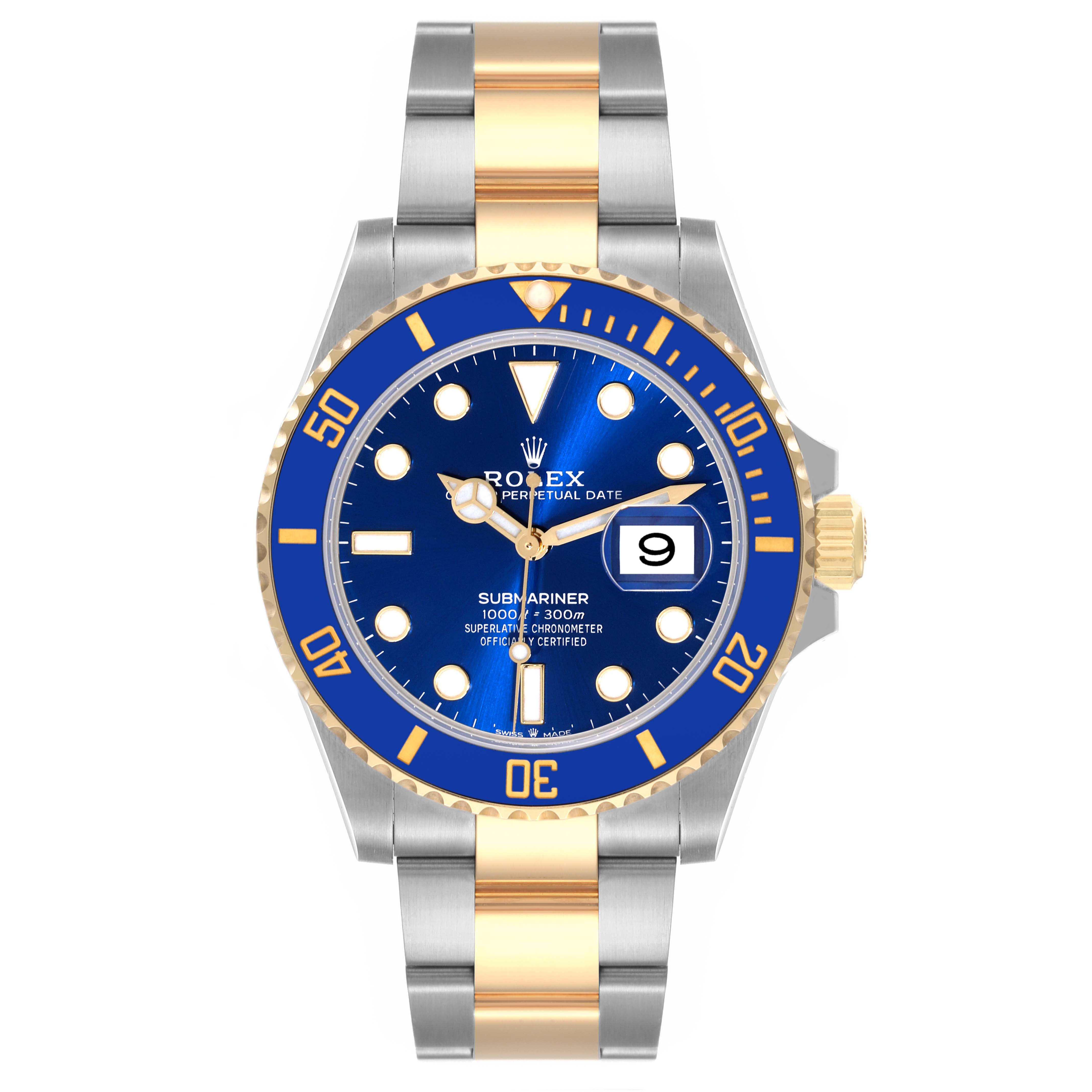 The Rolex Submariner 126613 Men's Steel and Gold (two tone) Blue Dial 126613 Men's Steel and Gold (two tone) Blue Dial watch is shown from a front angle, displaying its blue dial, date window, and two-tone bracelet.