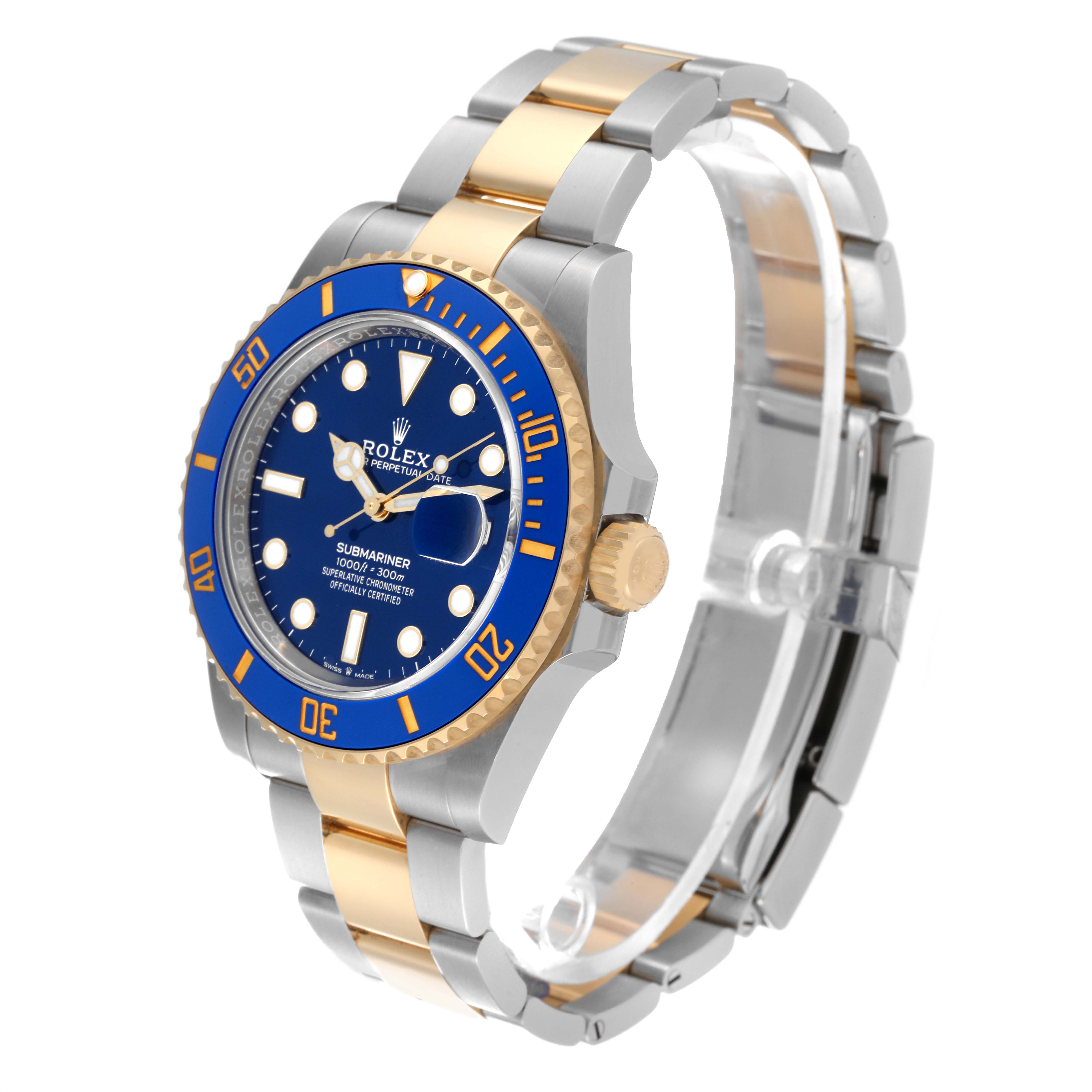 The Rolex Submariner 126613 Men's Steel and Gold (two tone) Blue Dial 126613 Men's Steel and Gold (two tone) Blue Dial watch is shown at a slight angle, highlighting its blue dial, bezel, and two-tone bracelet.