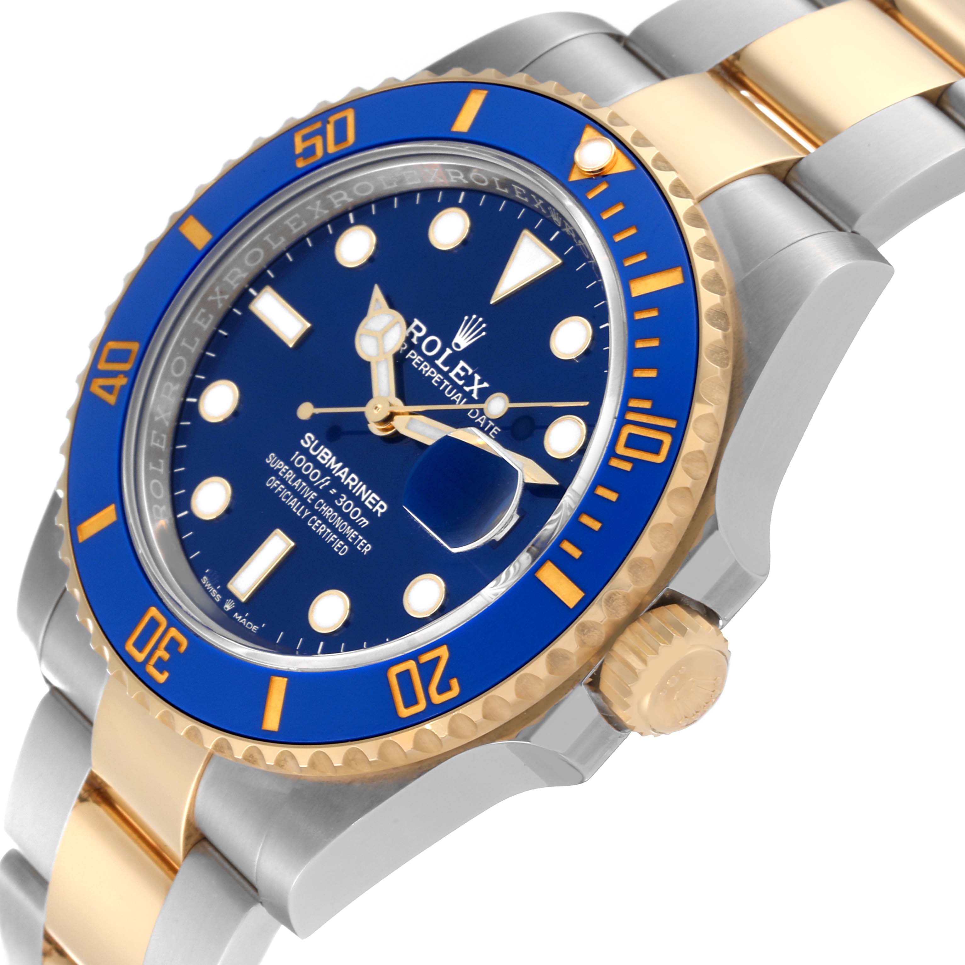 This Rolex Submariner 126613 Men's Steel and Gold (two tone) Blue Dial 126613 Men's Steel and Gold (two tone) Blue Dial watch is shown at an angled close-up view, highlighting the blue dial, bezel, and the gold and silver bracelet.
