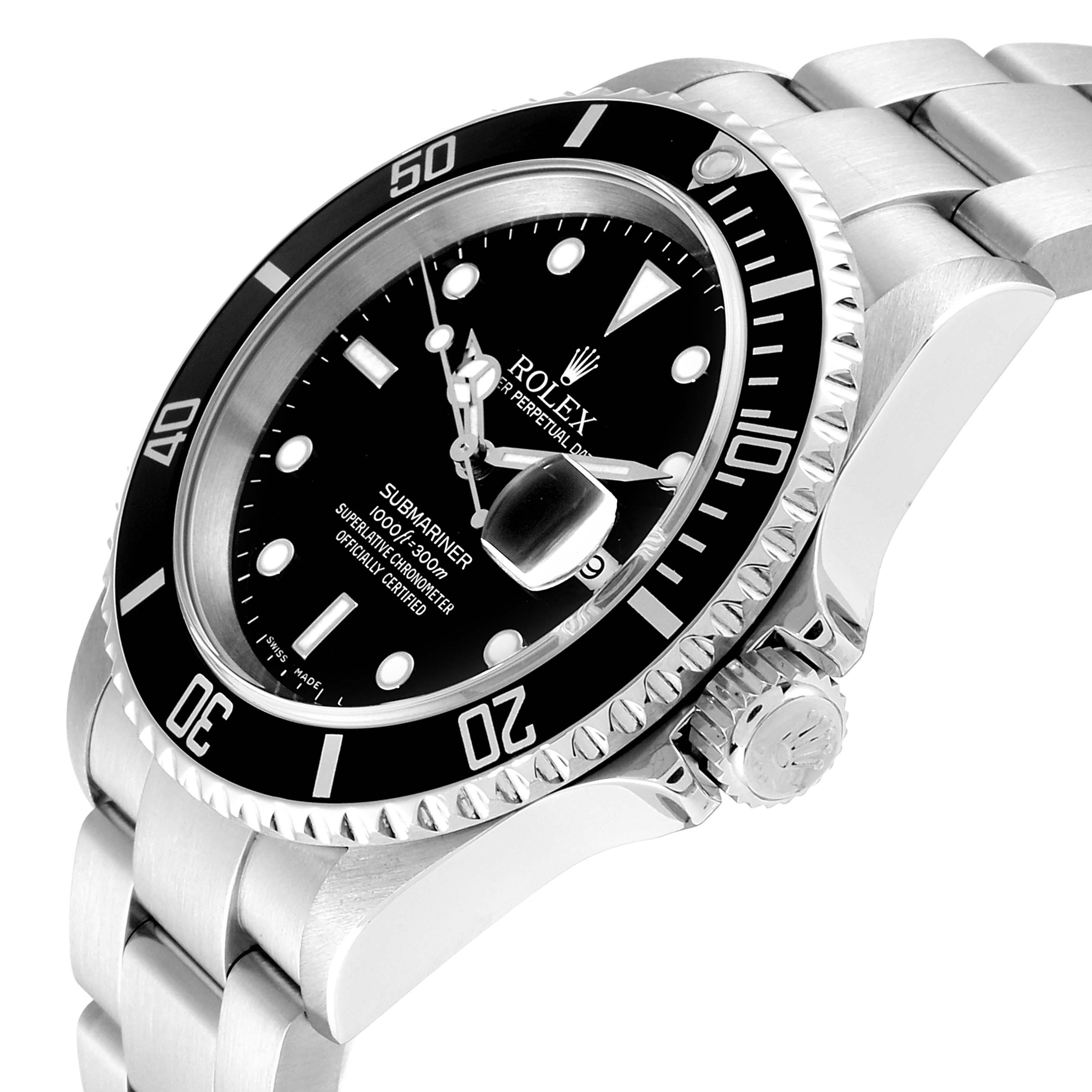 The image shows a Rolex Submariner 16610 Men
s Stainless Steel Black Dial 16610 Men
s Stainless Steel Black Dial watch at an angle highlighting its face, bezel, crown, and part of the bracelet.
