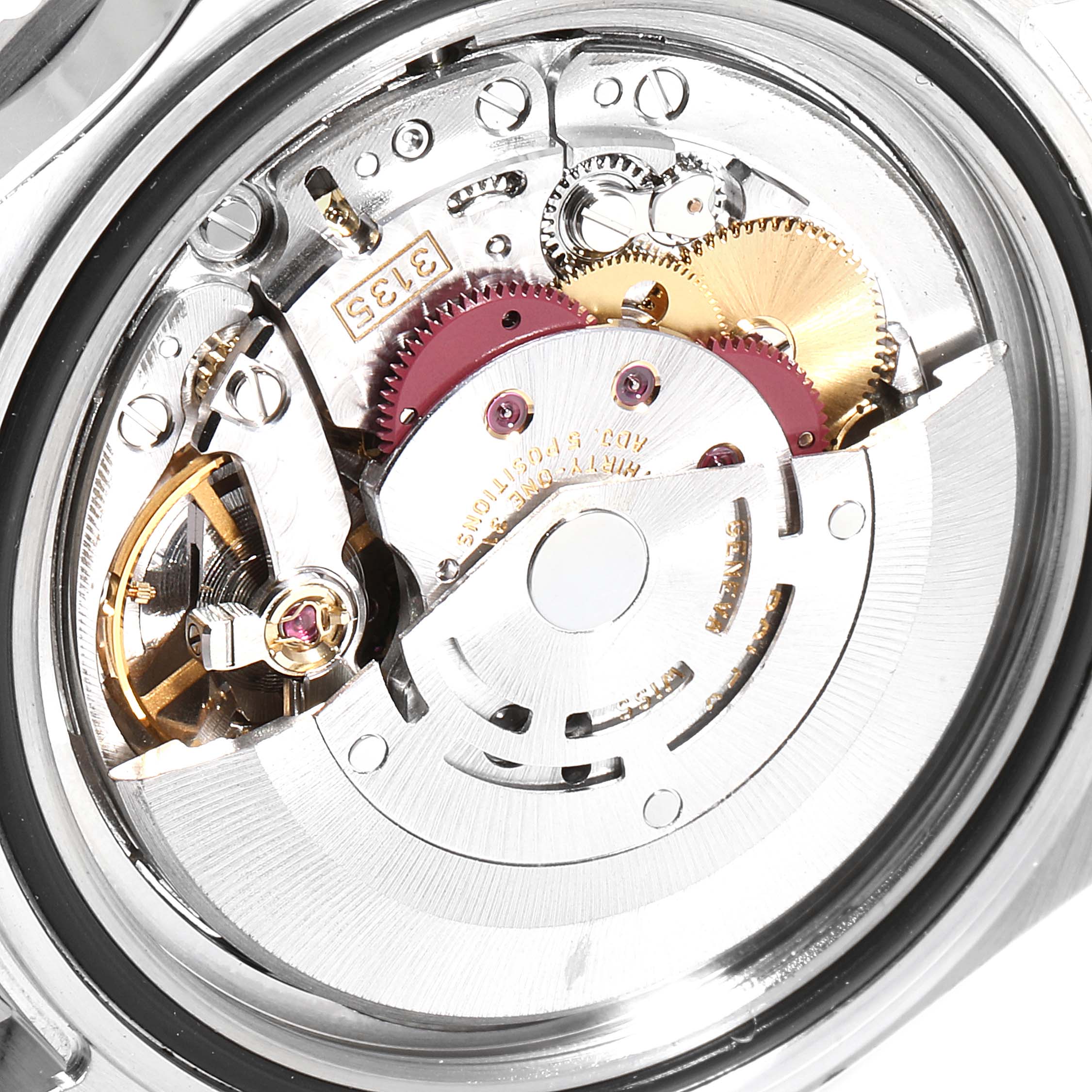 The image shows a close-up view of the movement mechanism inside a Rolex Submariner 16610 Men
s Stainless Steel Black Dial 16610 Men
s Stainless Steel Black Dial watch.