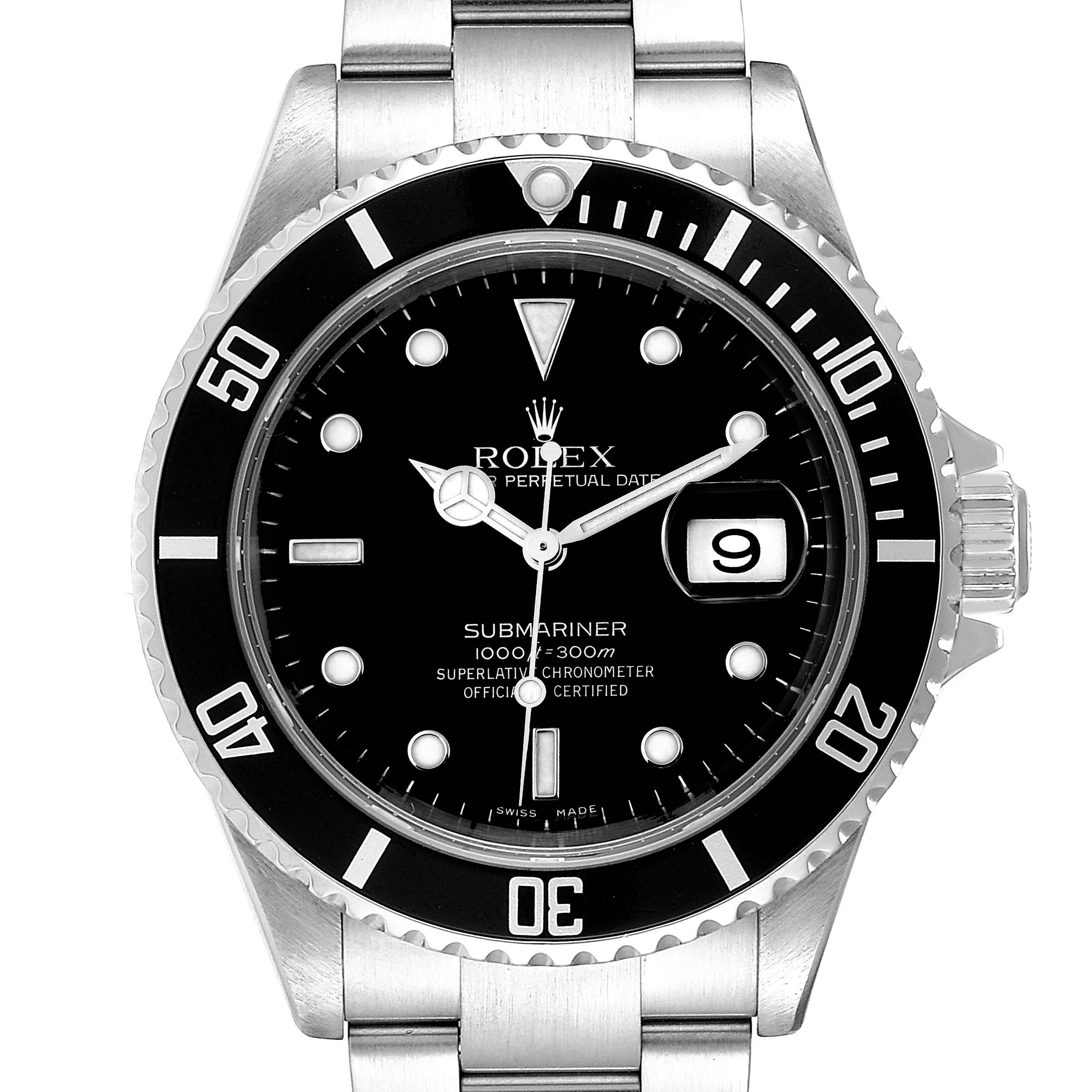 The image shows a front view of the Rolex Submariner 16610 Men
s Stainless Steel Black Dial 16610 Men
s Stainless Steel Black Dial, displaying the dial, bezel, and bracelet.