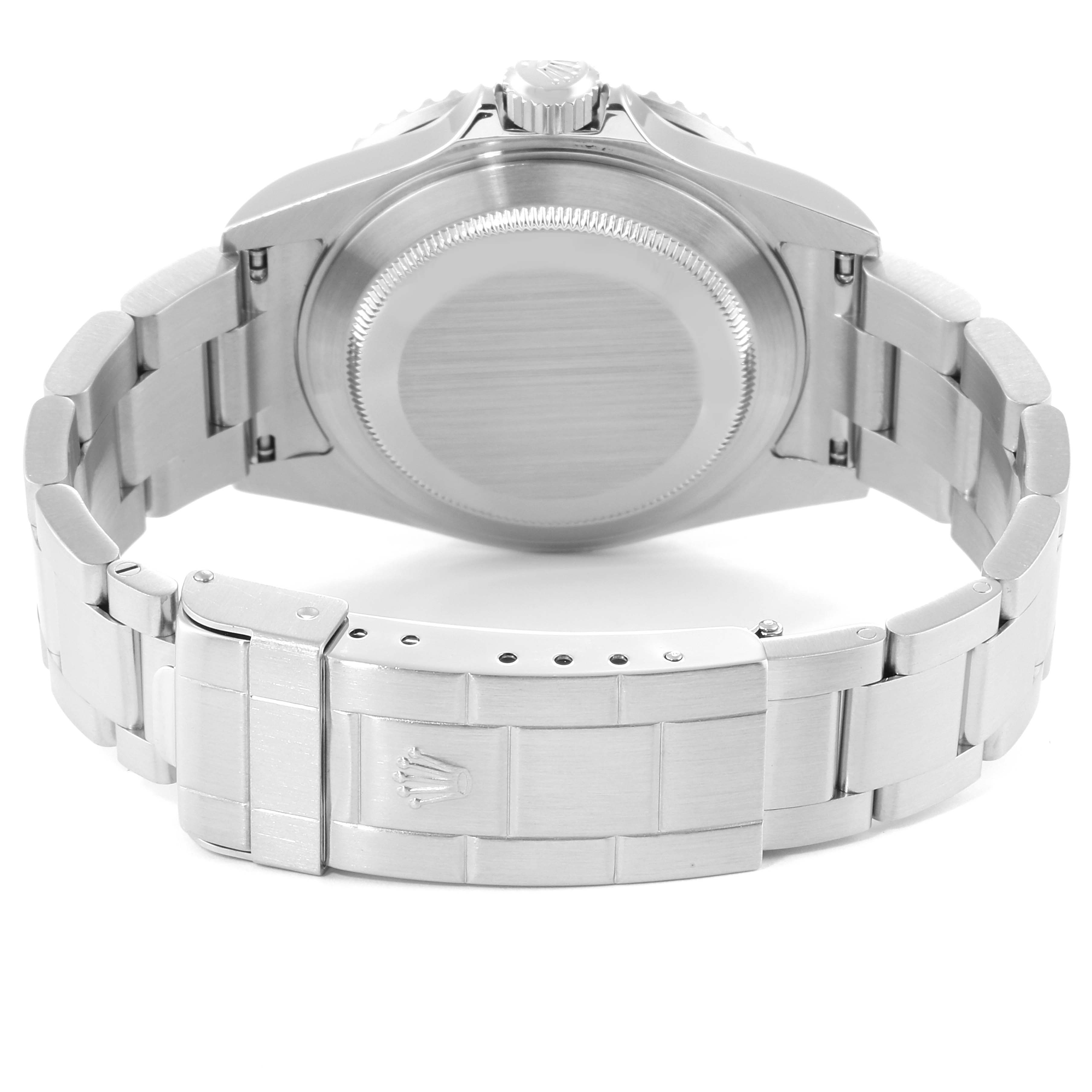 The image shows the back case and bracelet of a Rolex Submariner 16610 Men
s Stainless Steel Black Dial 16610 Men
s Stainless Steel Black Dial watch from a rear angle.