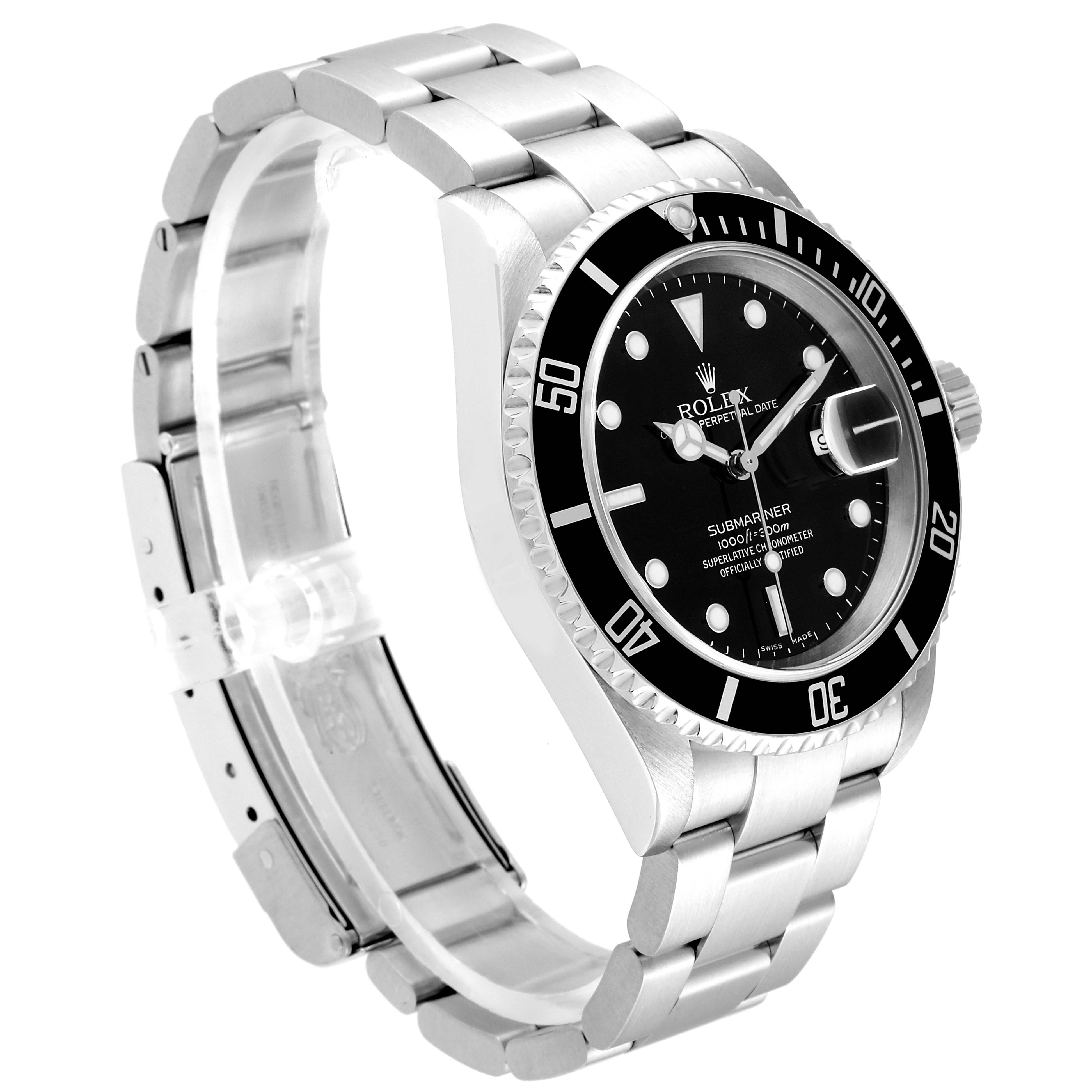 The image shows a Rolex Submariner 16610 Men
s Stainless Steel Black Dial 16610 Men
s Stainless Steel Black Dial watch from a side angle, highlighting its bracelet, case, bezel, and dial.