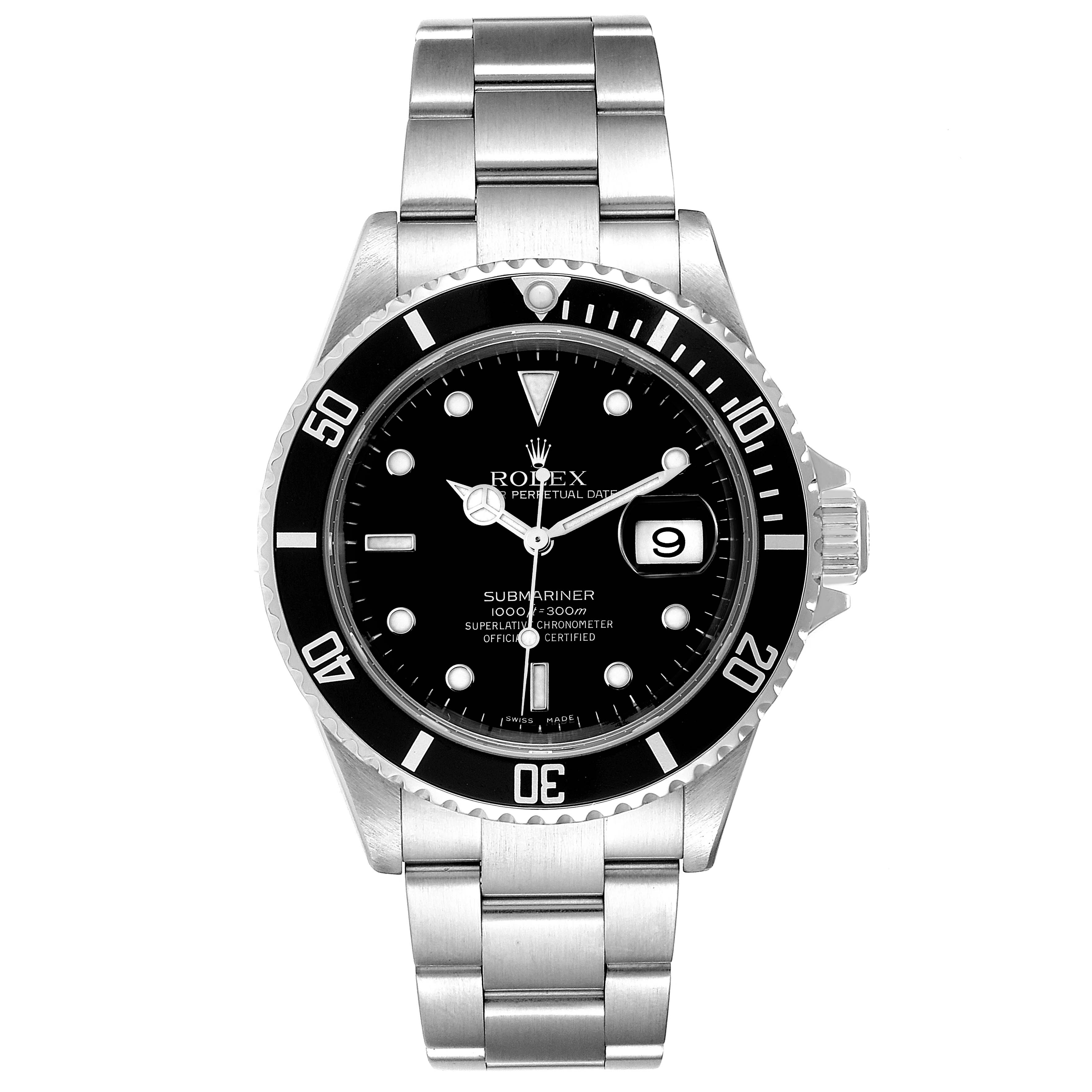 The image shows a front view of a Rolex Submariner 16610 Men
s Stainless Steel Black Dial 16610 Men
s Stainless Steel Black Dial watch, highlighting its black dial, markers, bezel, and stainless steel band.