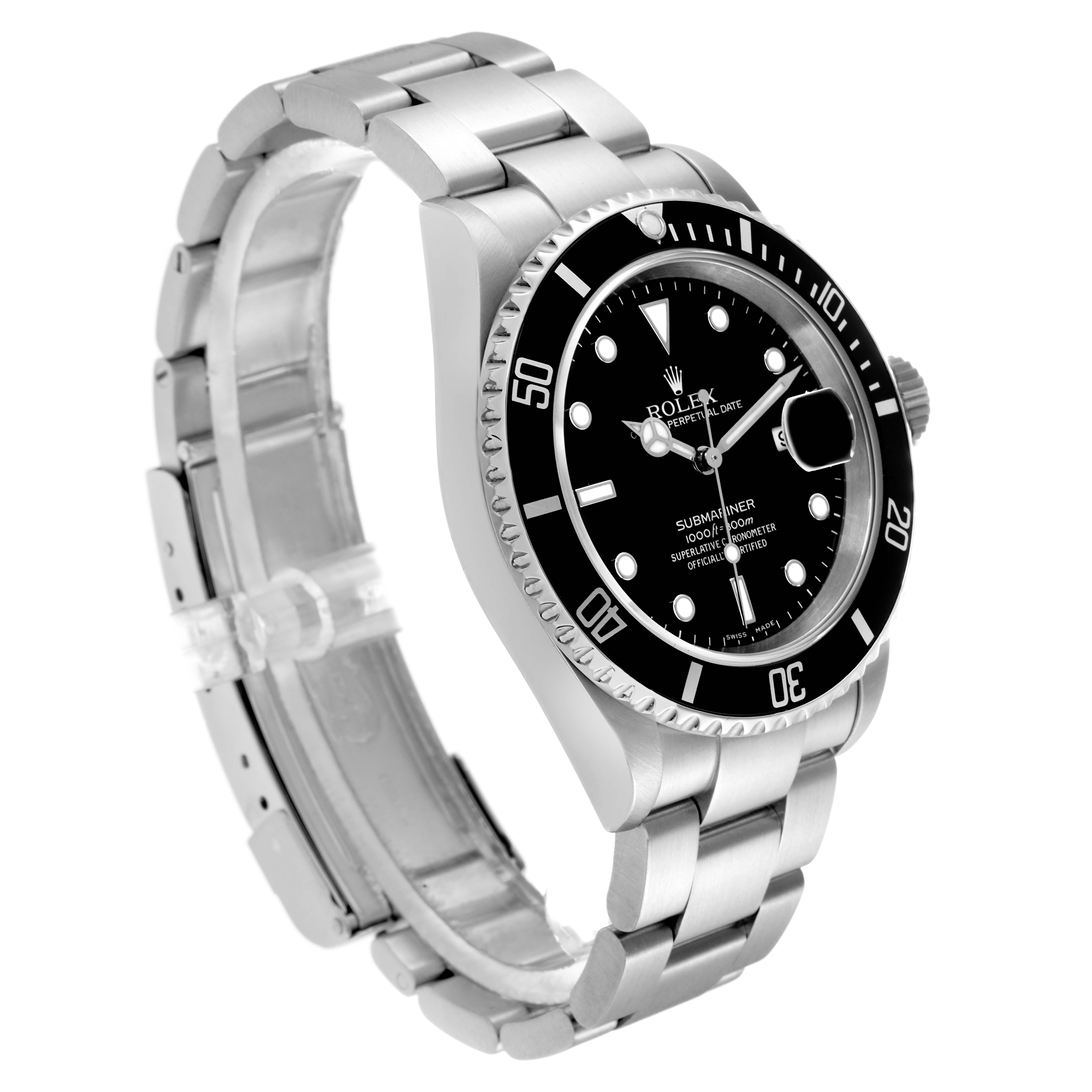 The Rolex Submariner 16610 Men
s Stainless Steel Black Dial watch is shown from a front angled view, highlighting the dial, bezel, and stainless steel bracelet.